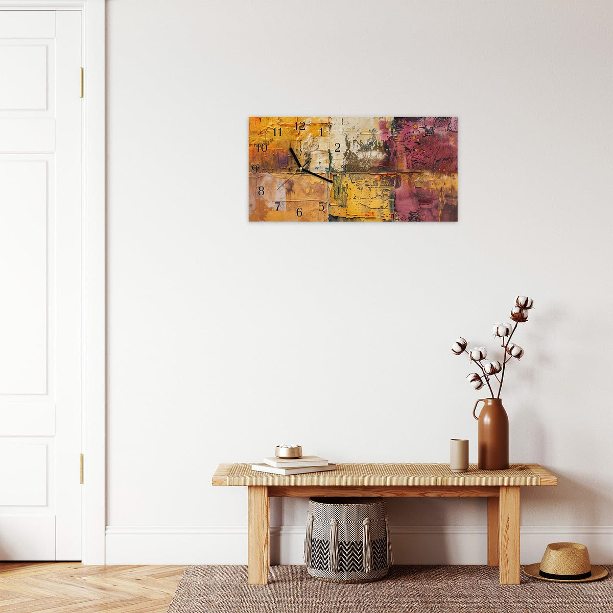 Moderne Wanduhr aus Glas mit Farbtiefe – Wanduhr Kunst Collage Textur aus Glas – Querformat 60 × 30 cm