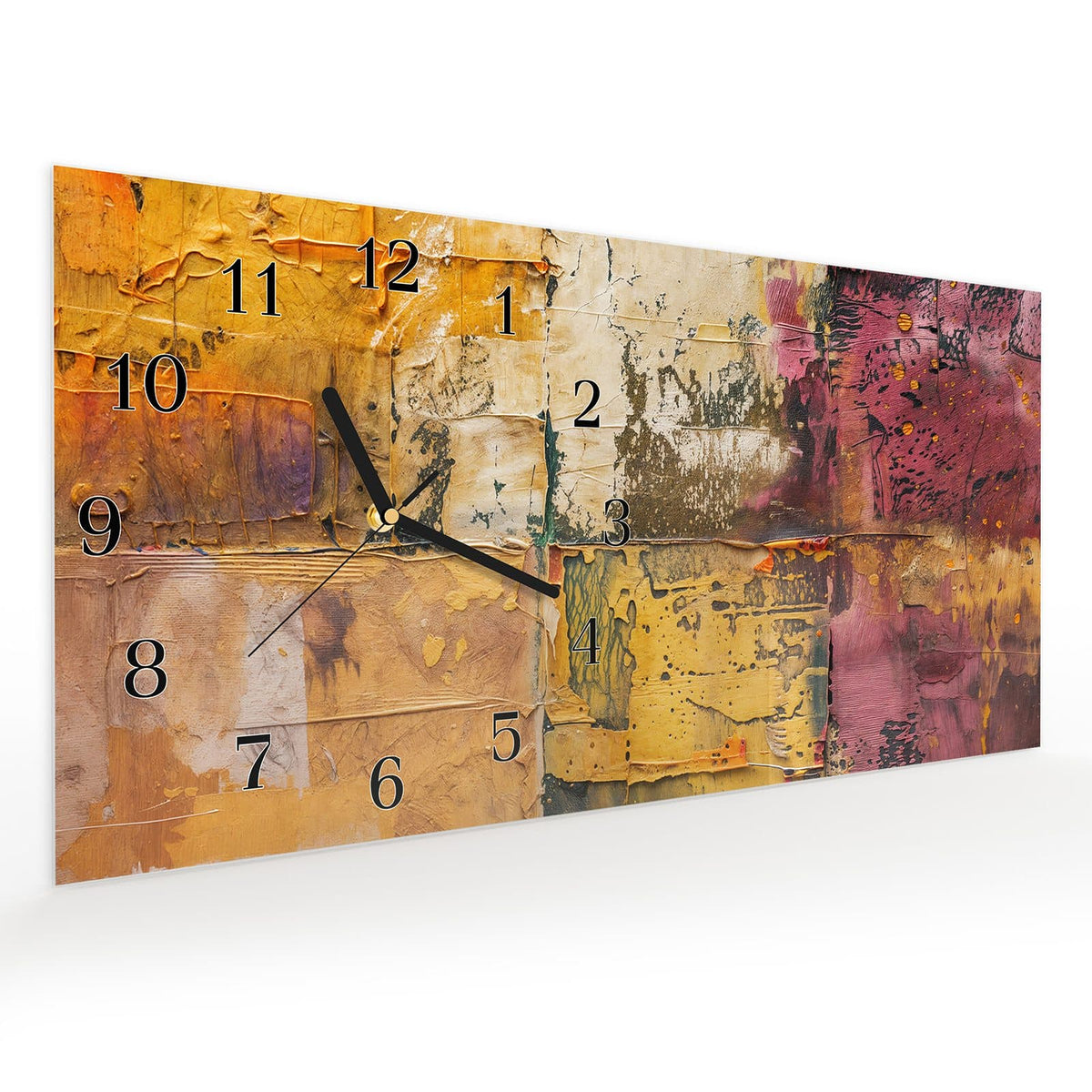 Vormontiert – mit Schwebeeffekt – Wanduhr Kunst Collage Textur aus Glas – Querformat 60 × 30 cm