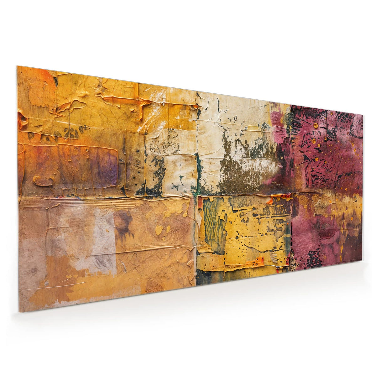 Küchenrückwand aus Glas im Hochformat: Übereinander geklebte, gerissene Papierschichten in Ocker, Senfgelb, Creme und Beerenrot.