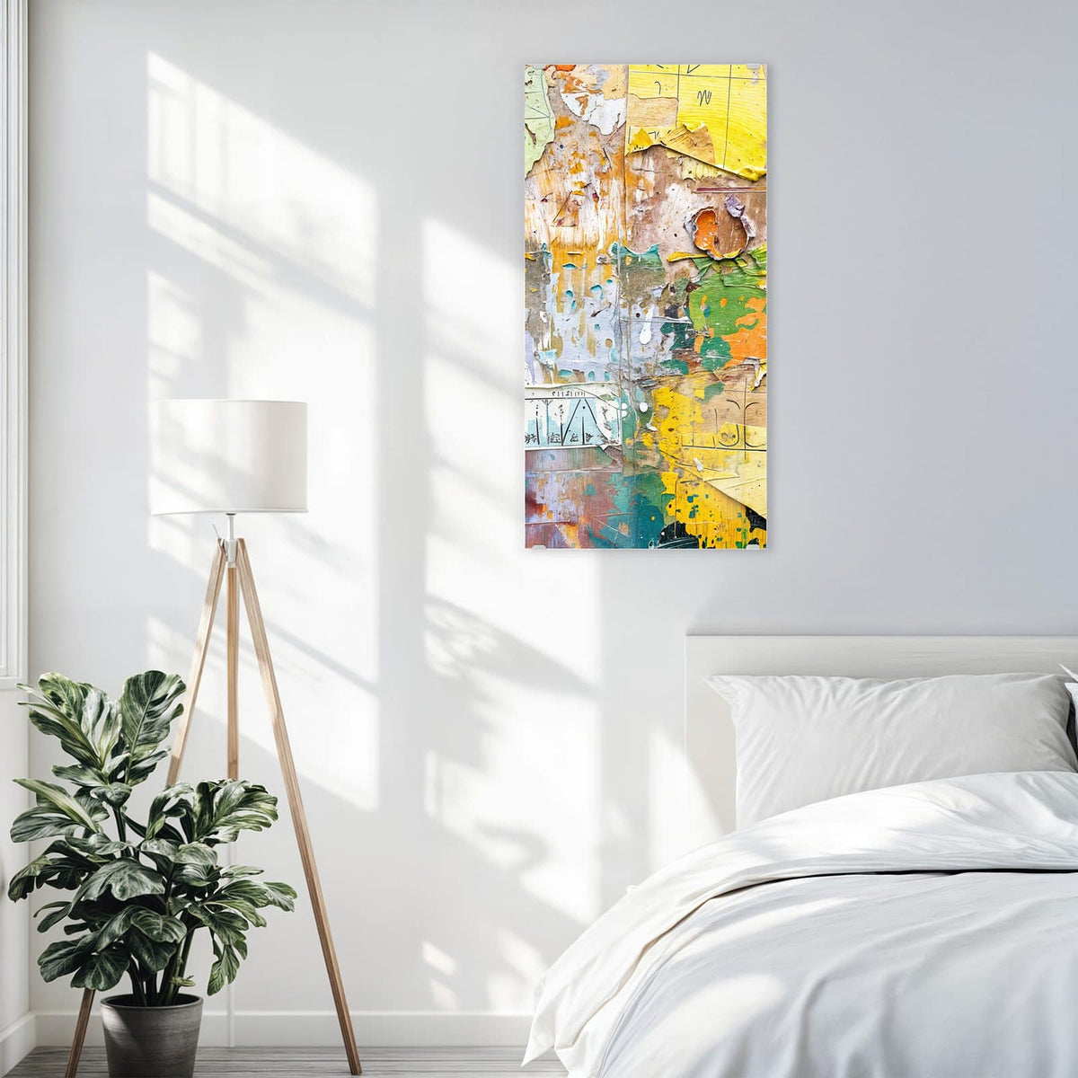 Glasbild Abgerissene Plakate an der Wand – Wand aus abgerissenen Plakatschichten, Papierfetzen in Gelb, Grün und Orange