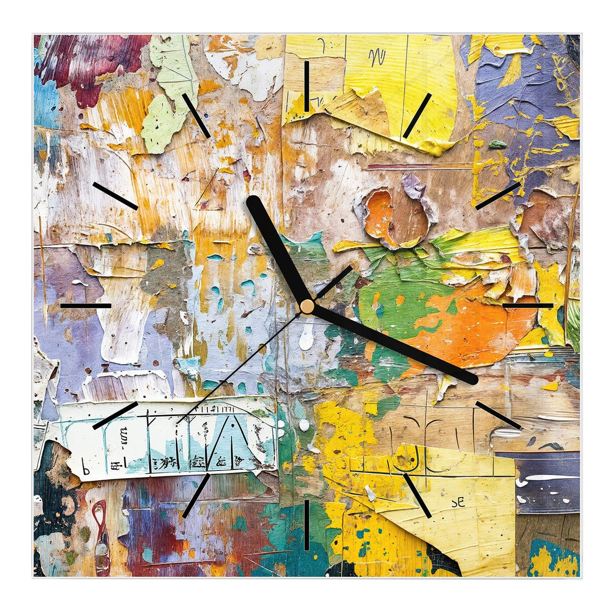 Wanduhr aus Glas, Ziffernblatt Linie: Wand aus abgerissenen Plakatschichten, Papierfetzen in Gelb, Grün und Orange