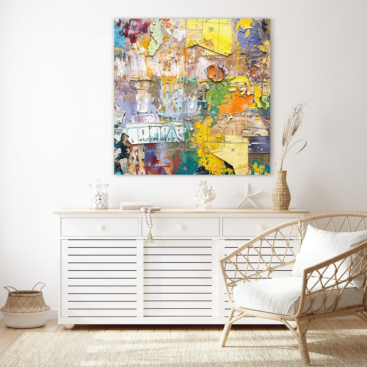 Glasbild Abgerissene Plakate an der Wand – Wand aus abgerissenen Plakatschichten, Papierfetzen in Gelb, Grün und Orange
