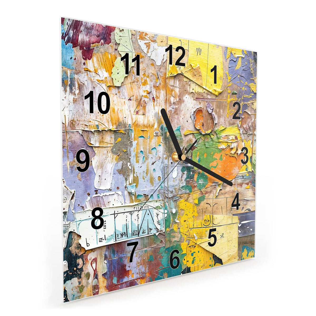 Quadratische Wanduhr aus Glas Abgerissene Plakate schräg von der Seite, 4 mm starkes Glas