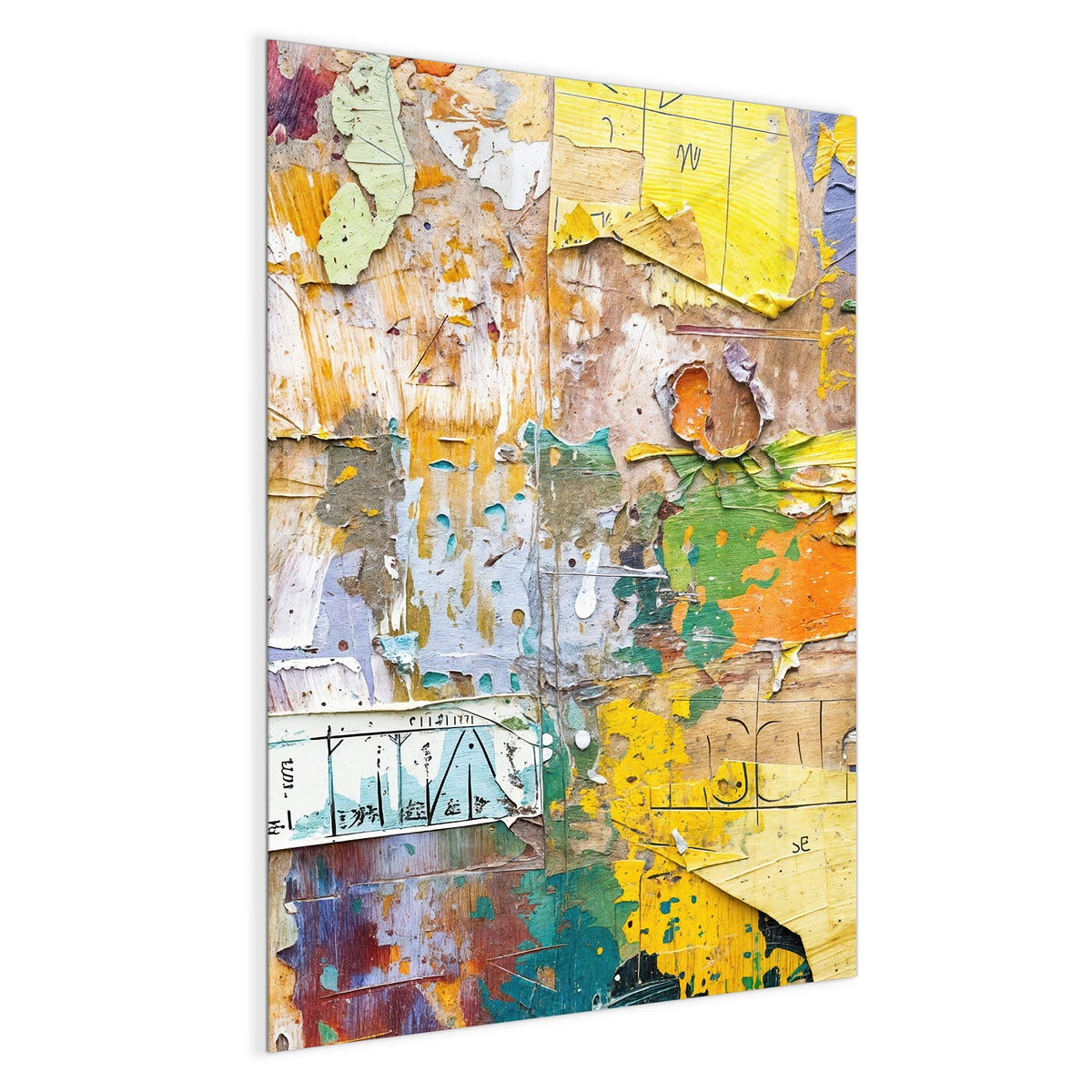 Wand aus abgerissenen Plakatschichten, Papierfetzen in Gelb, Grün und Orange