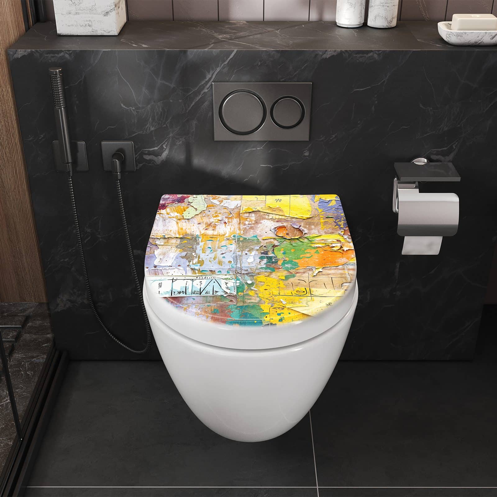 Pflegeleichter WC-Sitz in D-Form mit Motiv Abstrakte & Kunst in Badezimmer perspektive von vorne