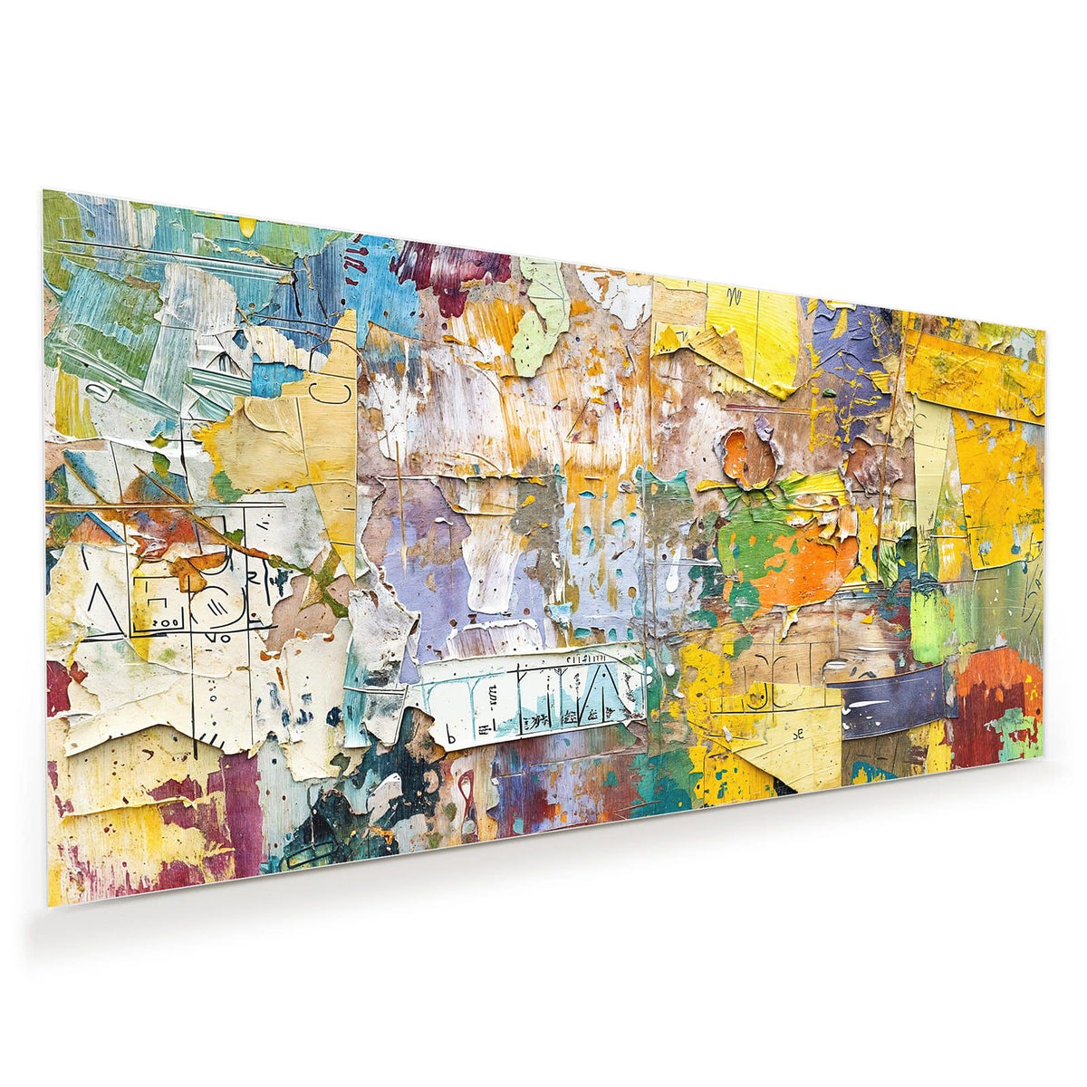 Wand aus abgerissenen Plakatschichten, Papierfetzen in Gelb, Grün und Orange