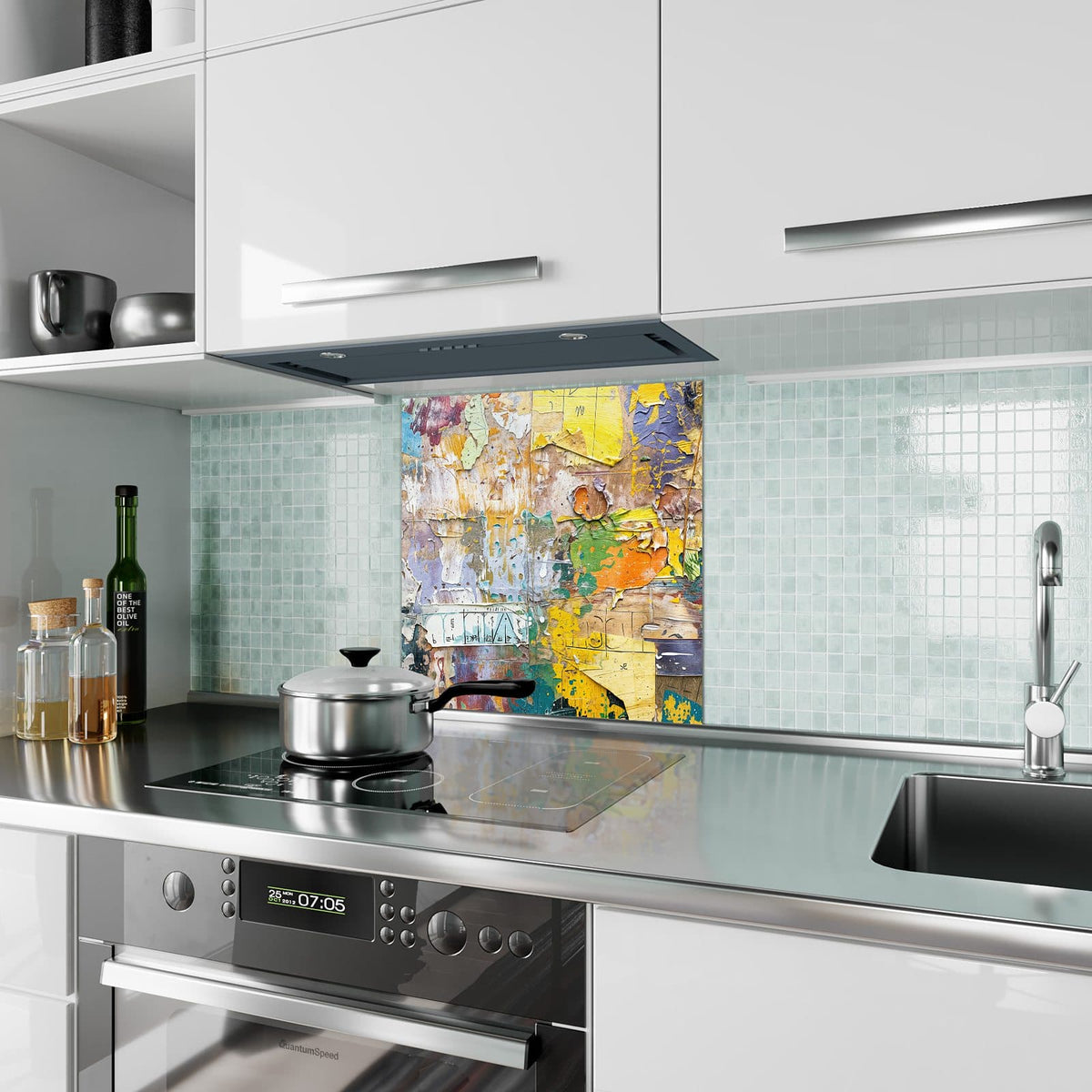 Küchenrückwand Abgerissene Plakate aus Glas – Farbschichten wie eine Collage