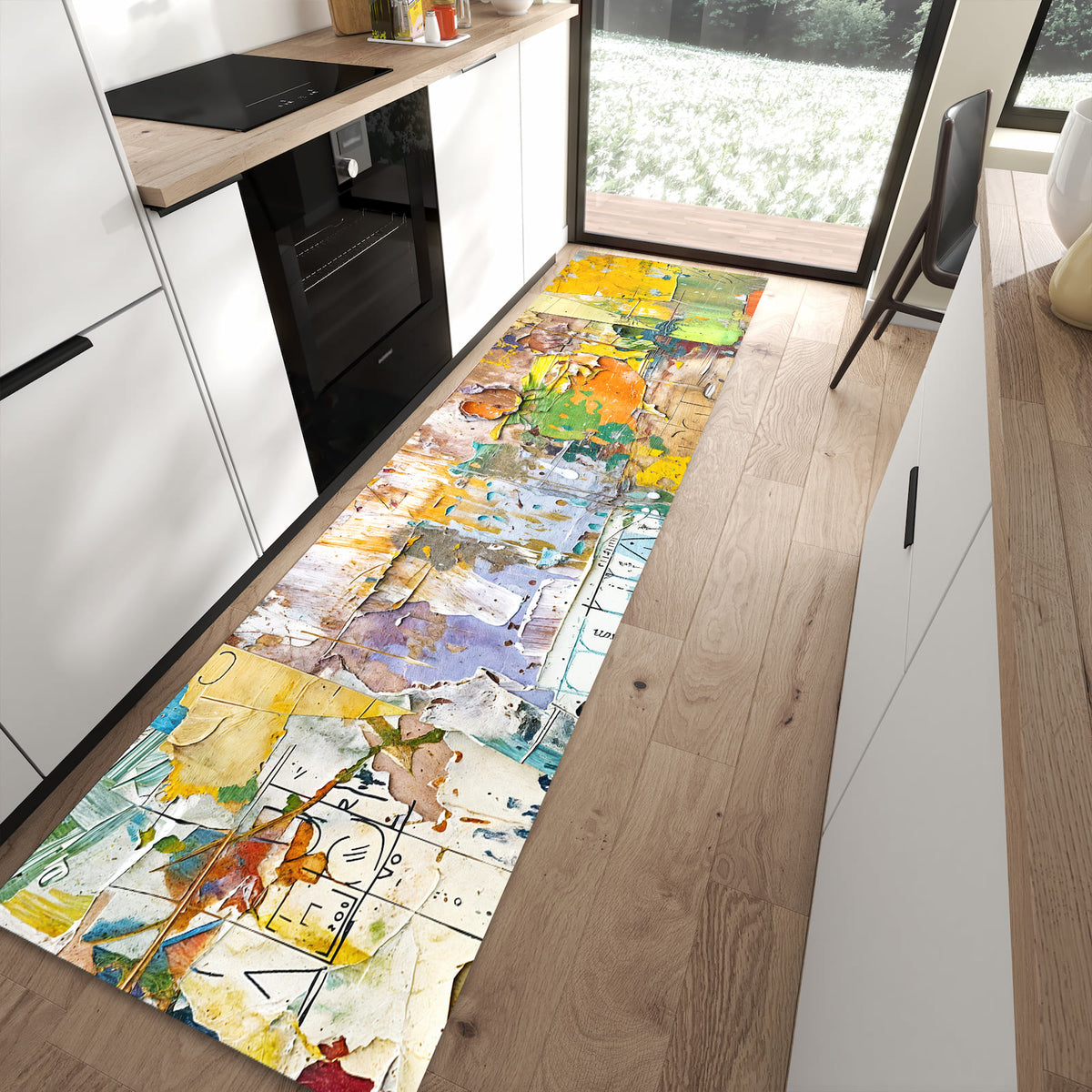 Fleckenresistenter rutschfester Küchenteppich mit Motiv Abstrakte Kunst in moderner Küche
