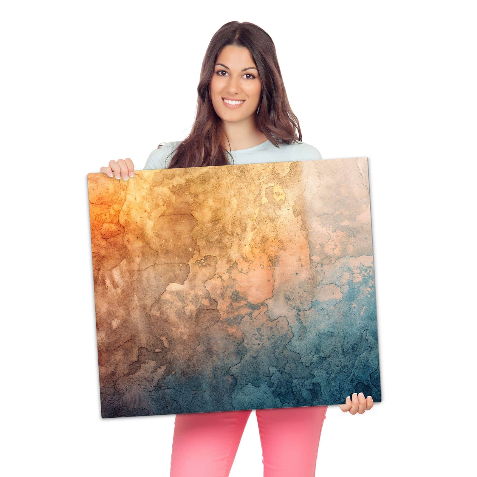 Herdabdeckplatte für Ceranfeld mit Aquarellkunst-Motiv wird zur Größendarstellung gehalten