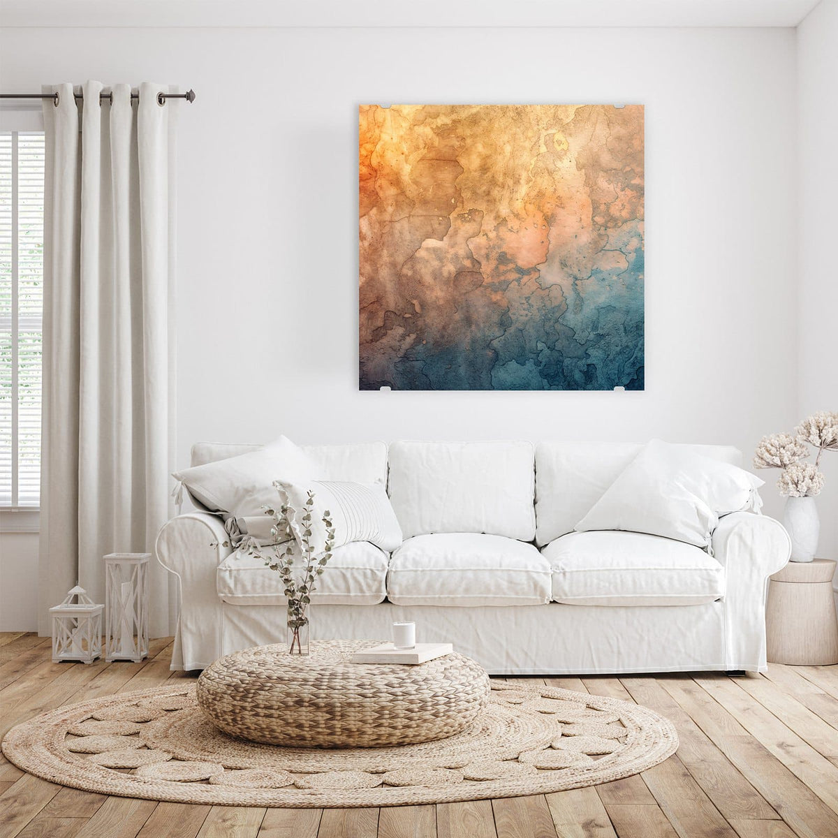 Glasbild Aquarellkunst an der Wand – Aquarellverlauf von Orange und Ocker oben zu Blau unten mit ausgefransten Rändern