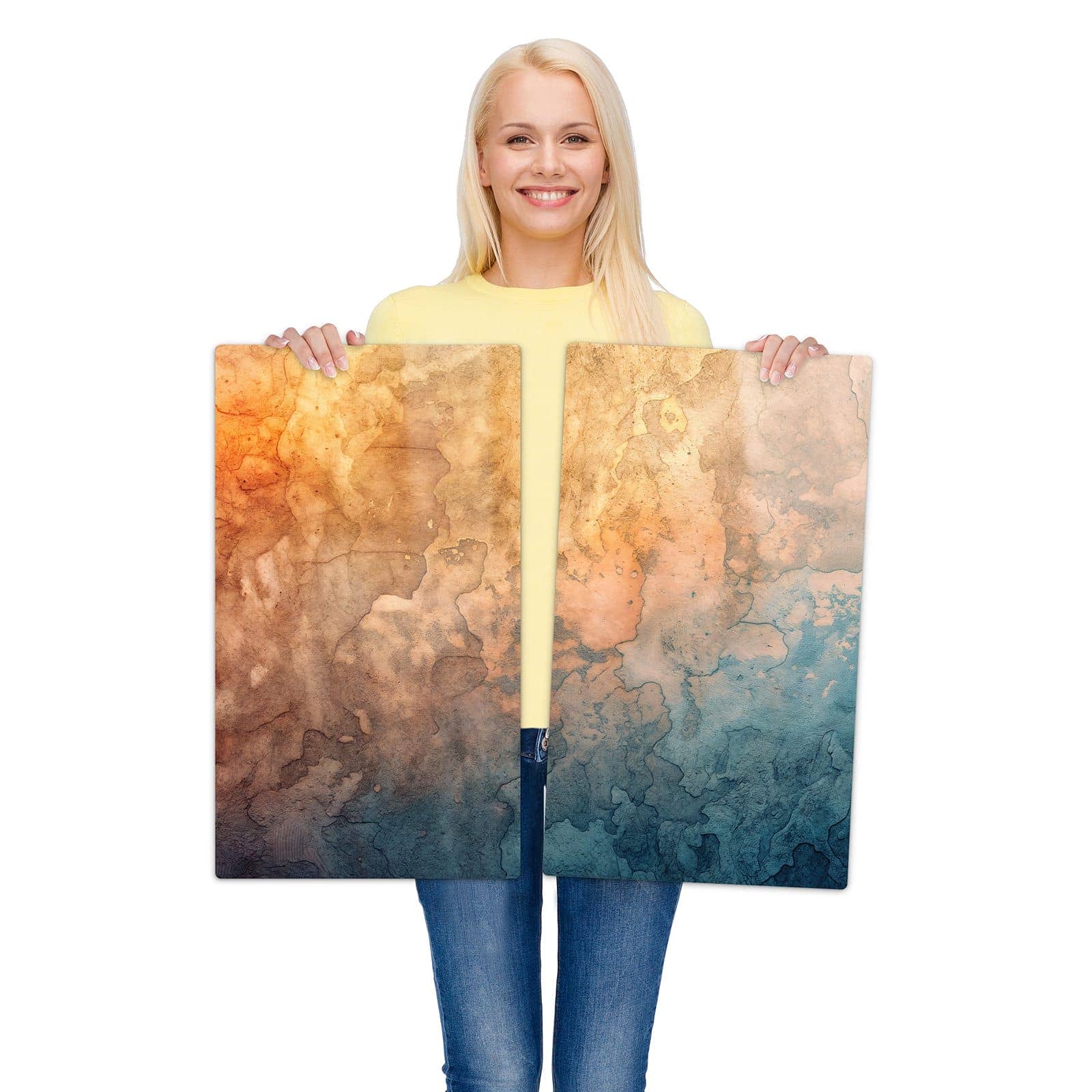 2-teilige Herdabdeckplatten aus Glas mit Aquarellkunst-Motiv wird zur Größendarstellung gehalten