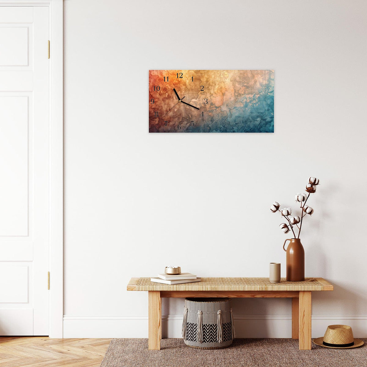 Moderne Wanduhr aus Glas mit Farbtiefe – Wanduhr Aquarellkunst aus Glas – Querformat 60 × 30 cm