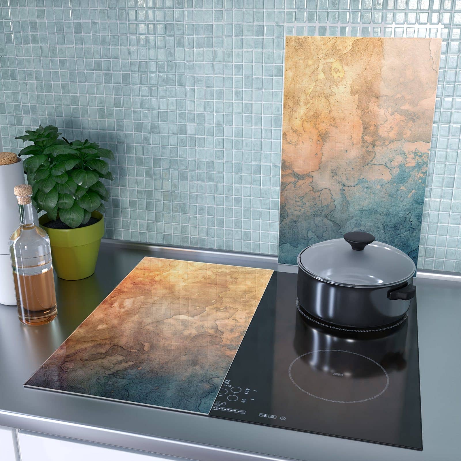 2-teilige Abdeckplatten für Ceranfeld mit Aquarellkunst-Motiv als Spritzschutz hinter dem Kochfeld