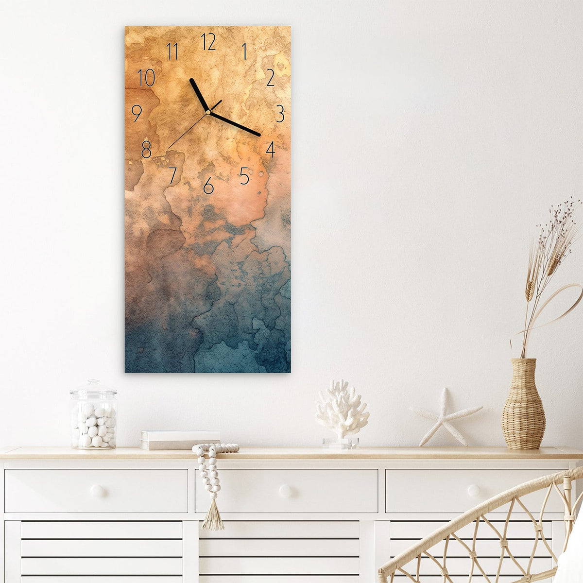 Wanduhr Aquarellkunst aus Glas – Aquarellverlauf von Rot zu Blau