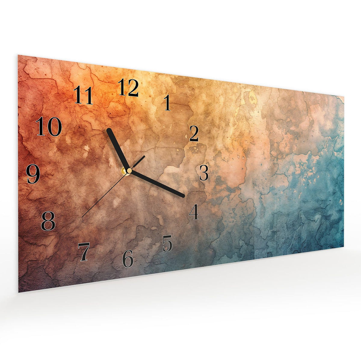 Vormontiert – mit Schwebeeffekt – Wanduhr Aquarellkunst aus Glas – Querformat 60 × 30 cm