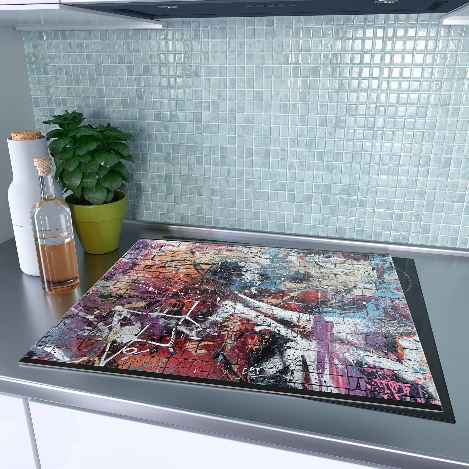 1-teilige Herdabdeckung für Induktionsfeld mit Graffiti- Mauer-Motiv auf dem Ceranfeld