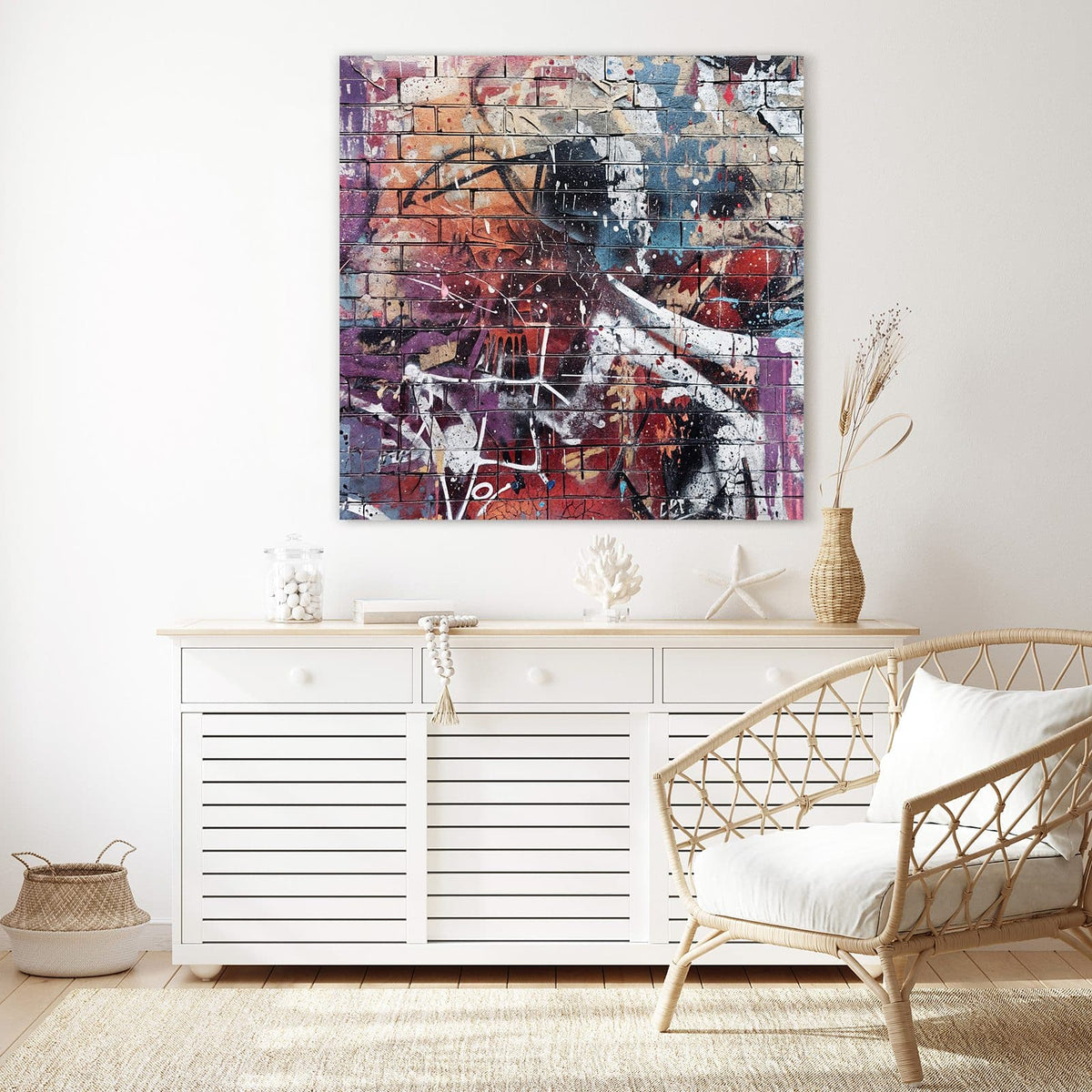 Echtglas, 4 mm – kein Acryl, keine Folie – Wandbild - Graffiti auf Ziegelmauer - Quadratisch