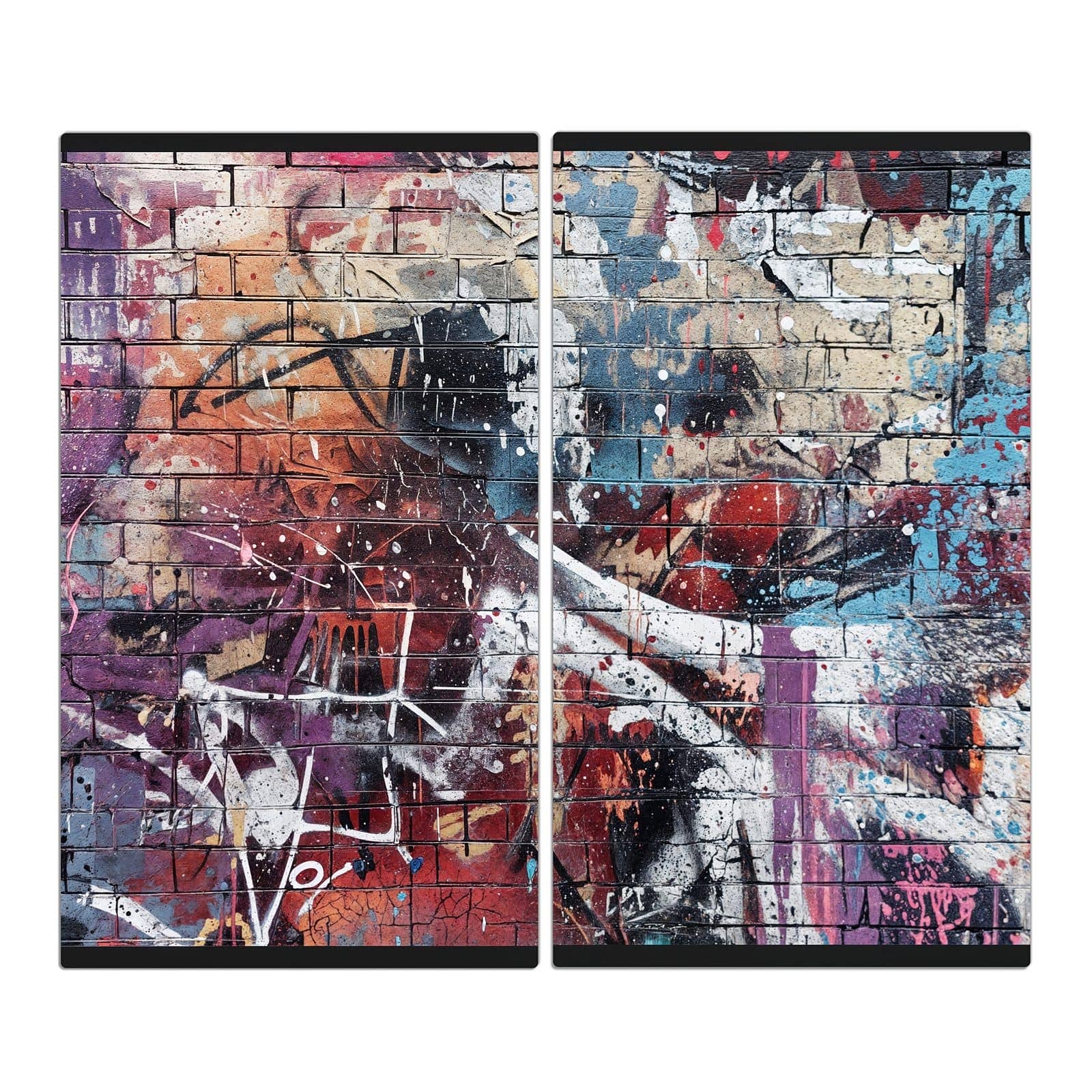 2-teilige Herdabdeckplatten aus Glas mit Graffiti- Mauer-Motiv in der Frontansicht #grösse_2-Teilig (60x52cm)
