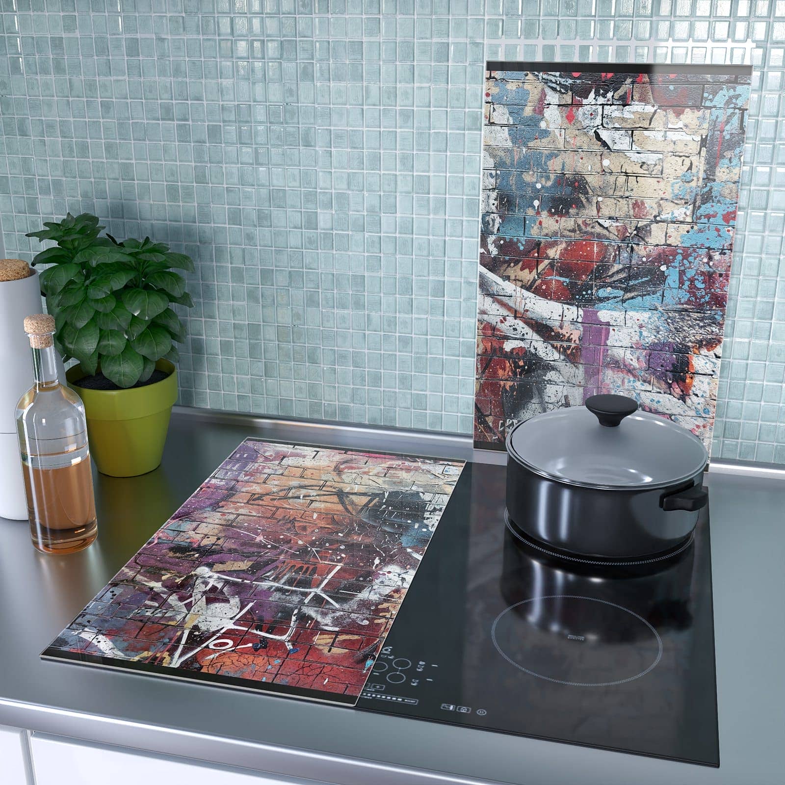 2-teilige Glasplatte für Herd mit Graffiti- Mauer-Motiv als Spritzschutz hinter dem Kochfeld