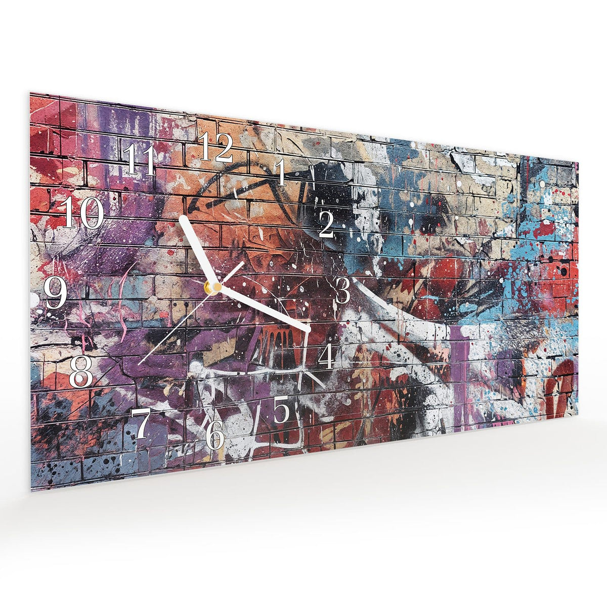 Vormontiert – mit Schwebeeffekt – Wanduhr Abstrakte Graffiti-Mauer aus Glas – Querformat 60 × 30 cm