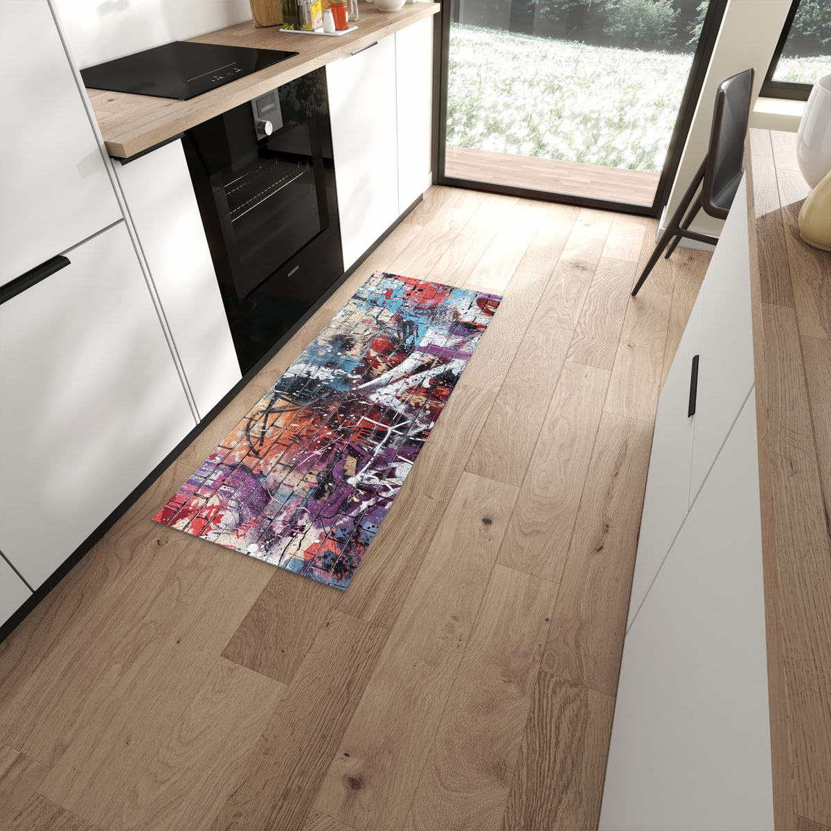 Waschbarer Küchenläufer mit Motiv Graffiti- Mauer in moderner Küche für sicheres Aufbewahren #grösse_60 x 150 cm