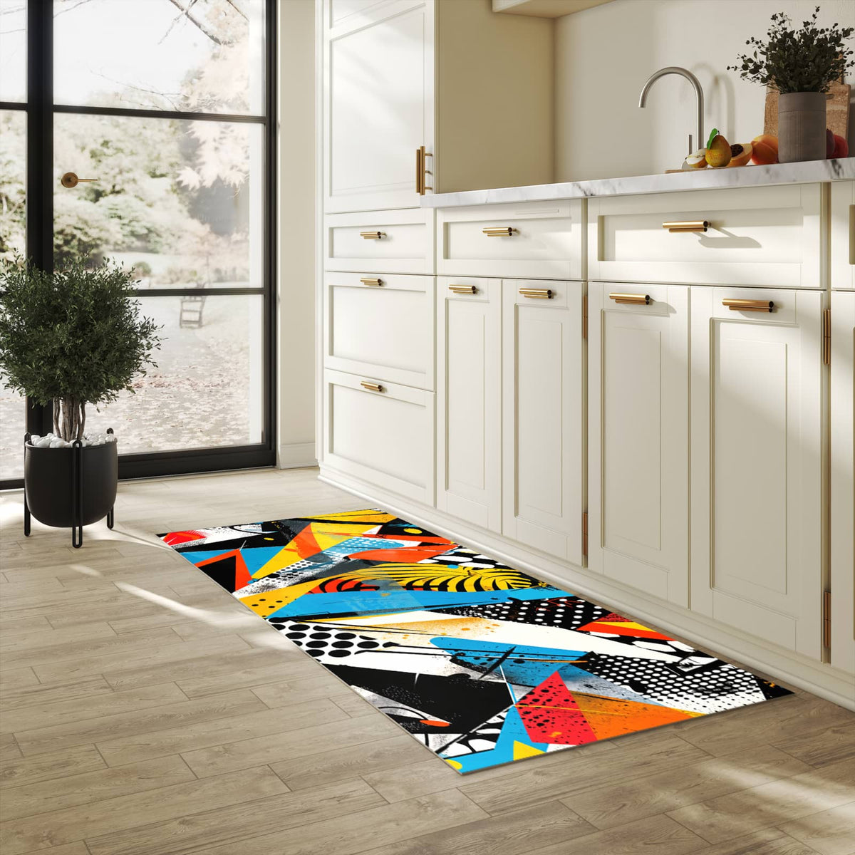 Küchenteppich mit Motiv Kunst des Abstrakte in heller Küche für sicheres Aufbewahren