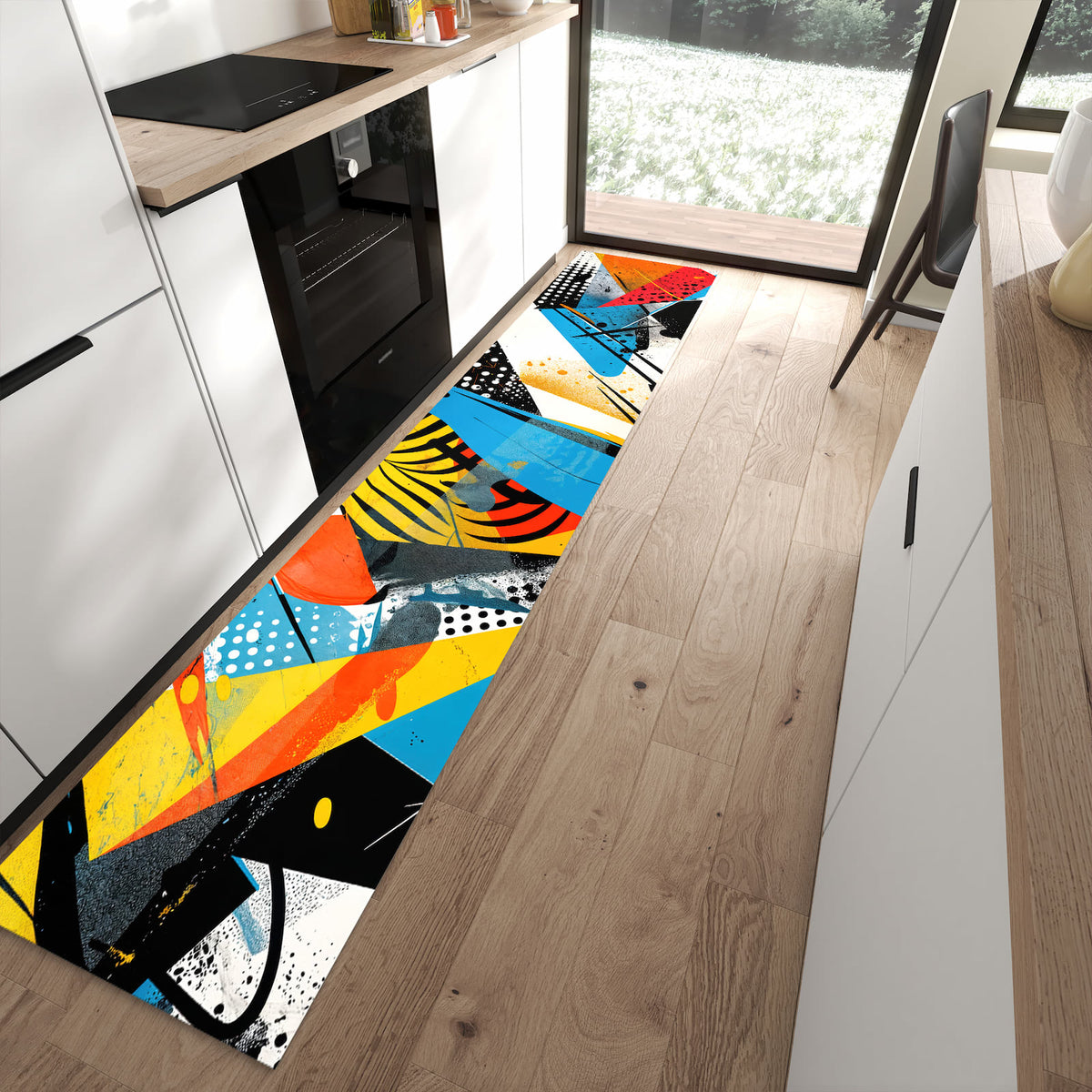 Langlebiger Bodenläufer mit Motiv Kunst des Abstrakte in moderner Küche