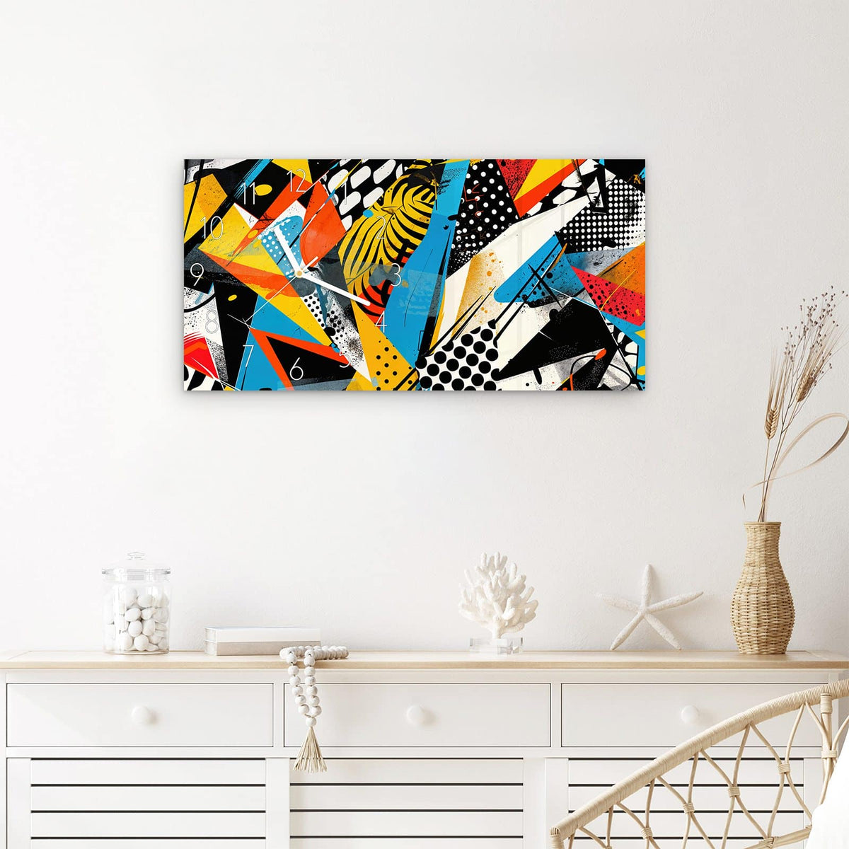 Wanduhr Abstrakte Kunstwerk aus Glas – Querformat 60 × 30 cm – Punkte, Streifen und Zickzack