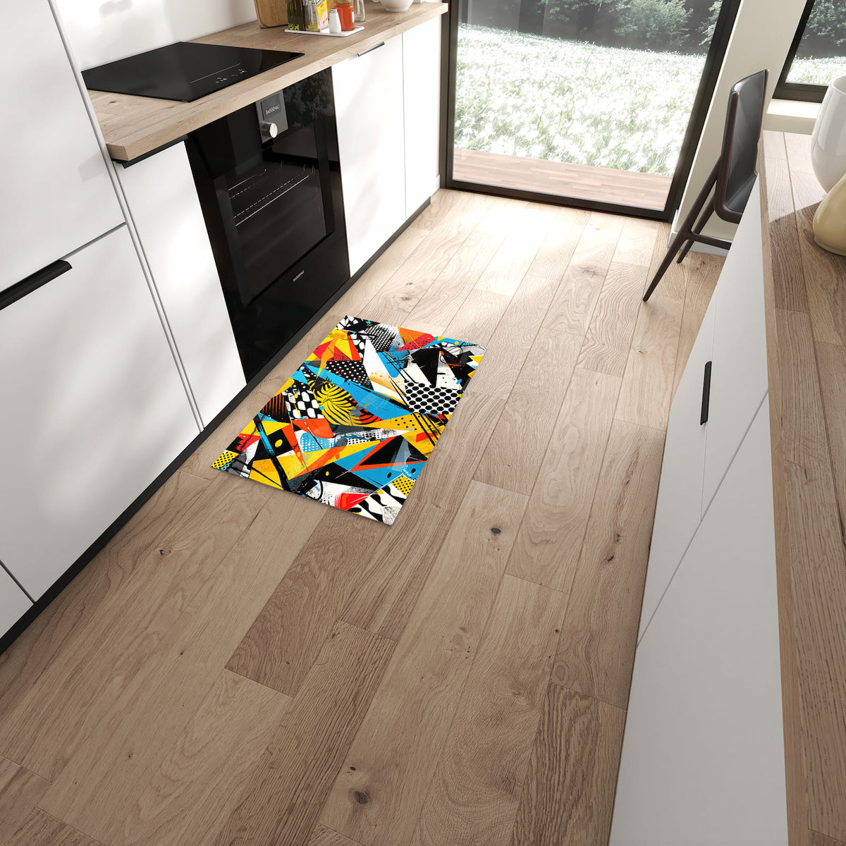 Flacher Bodenläufer mit Motiv Kunst des Abstrakte in moderner Küche
