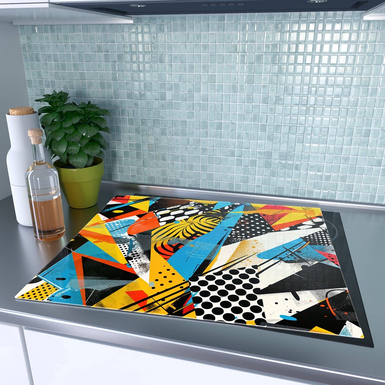 1-teilige Herdabdeckung aus Holz mit Abstrakte Kunstwerk-Motiv auf dem Ceranfeld