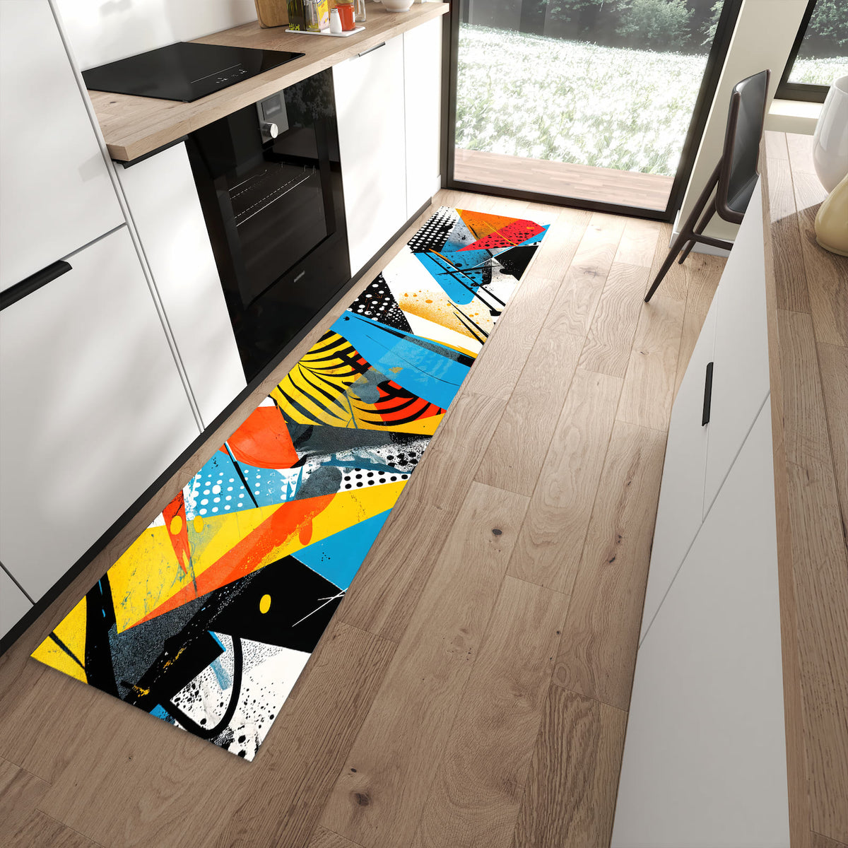 Geruchsneutraler rutschfester Küchenteppich mit Motiv Kunst des Abstrakte in moderner Küche