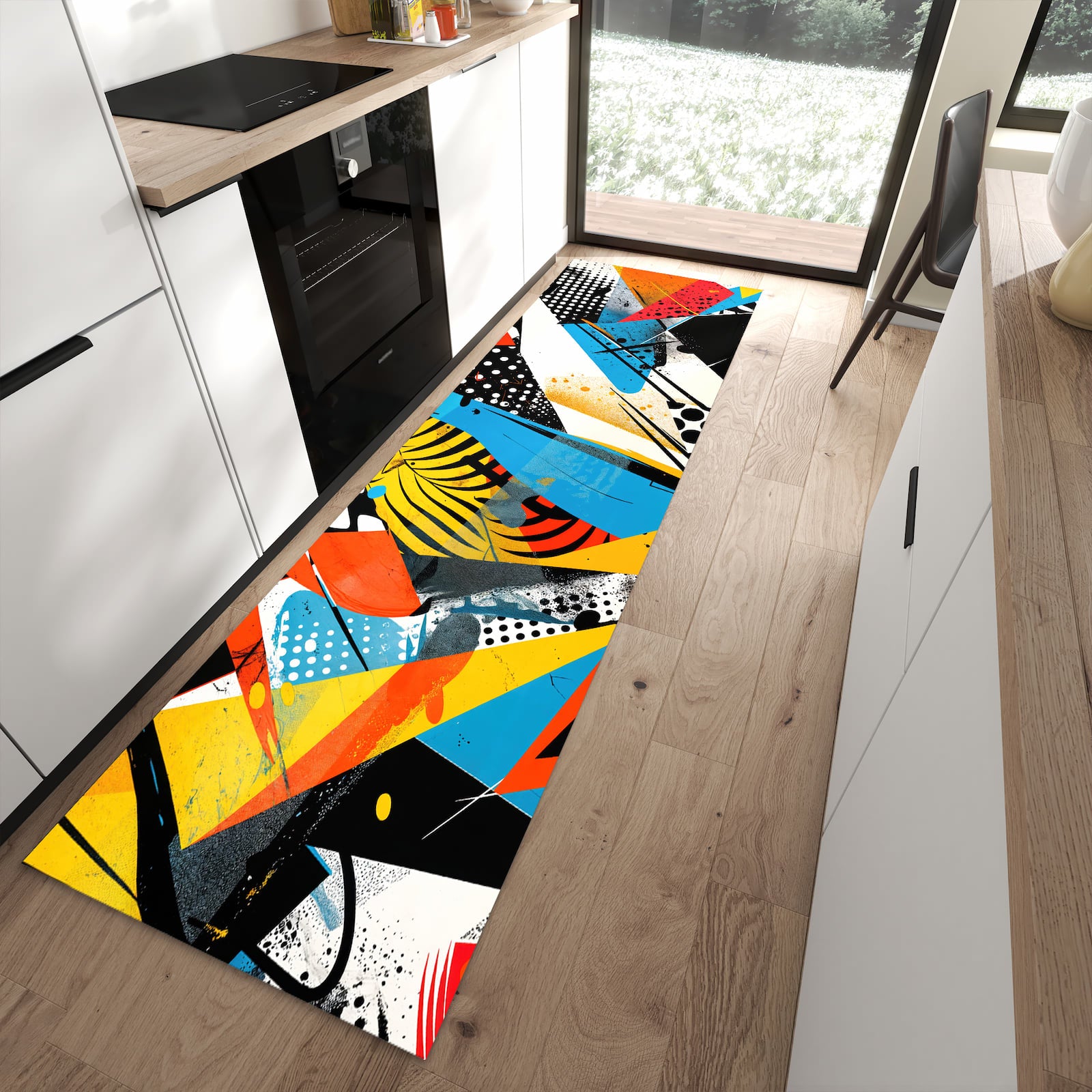 Rutschfester Küchenläufer mit Motiv Kunst des Abstrakte in moderner Küche