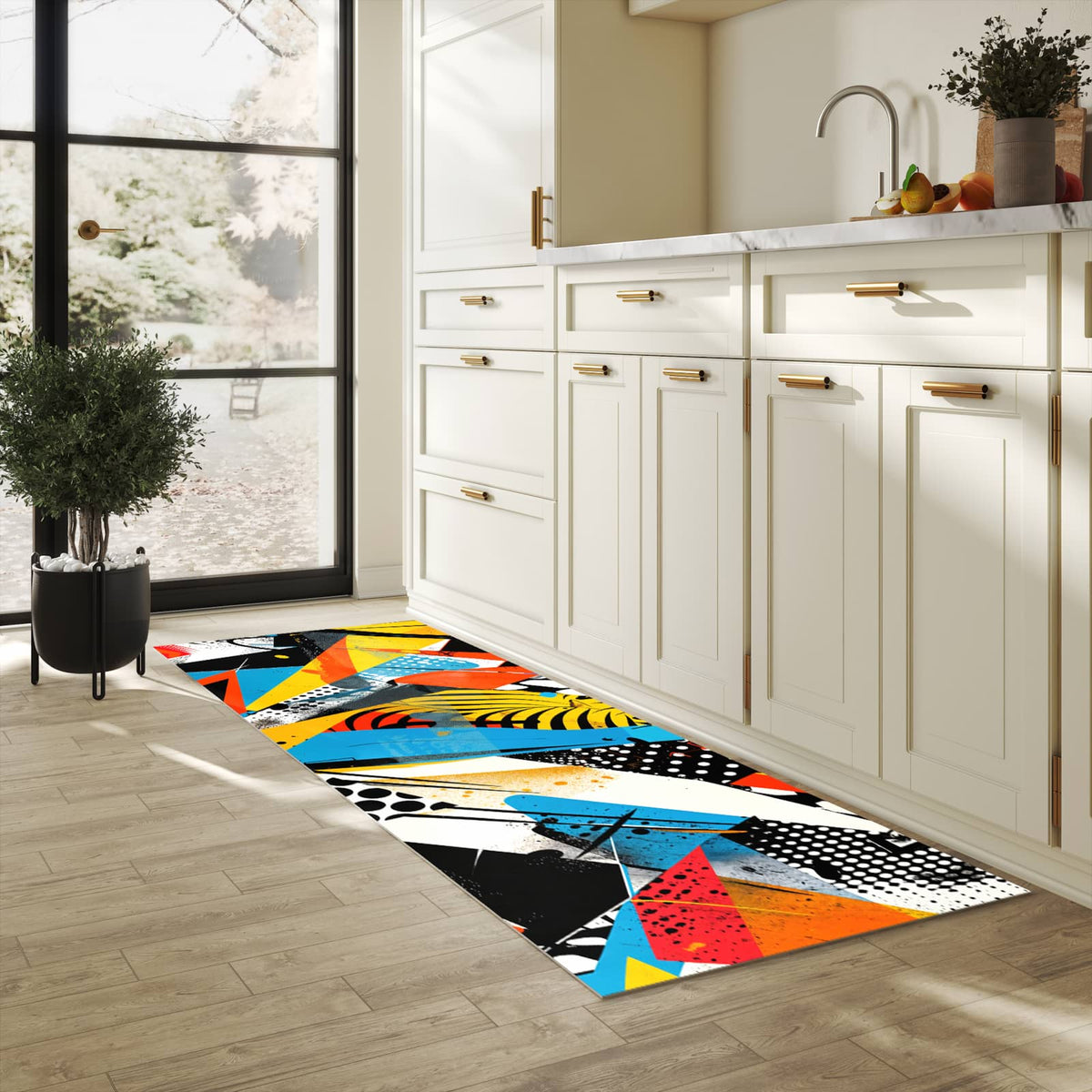 Zeitsparender Küchenteppich mit Motiv Kunst des Abstrakte in heller Küche