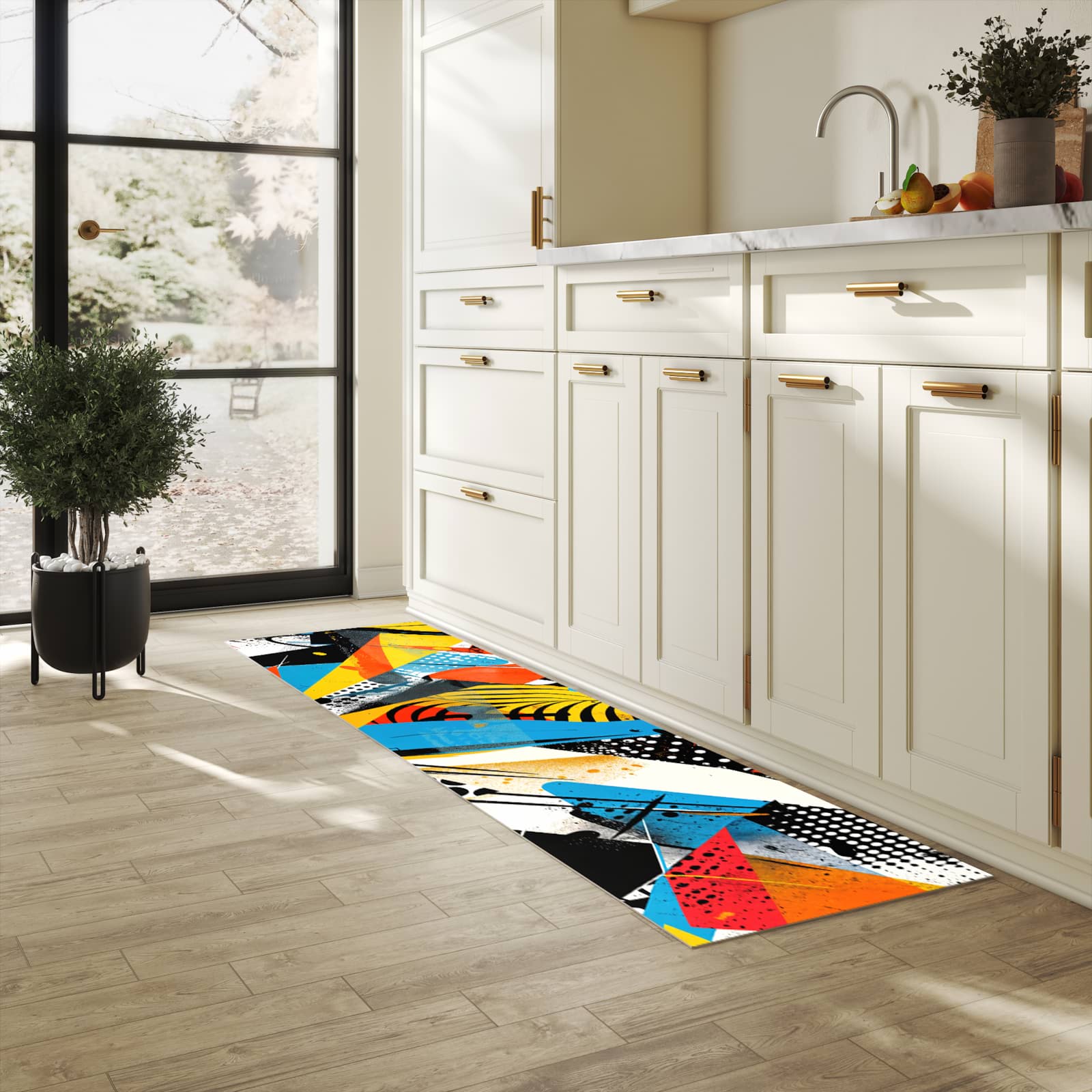Küchenteppich mit Motiv Kunst des Abstrakte für Ordnung & Übersicht in heller Küche