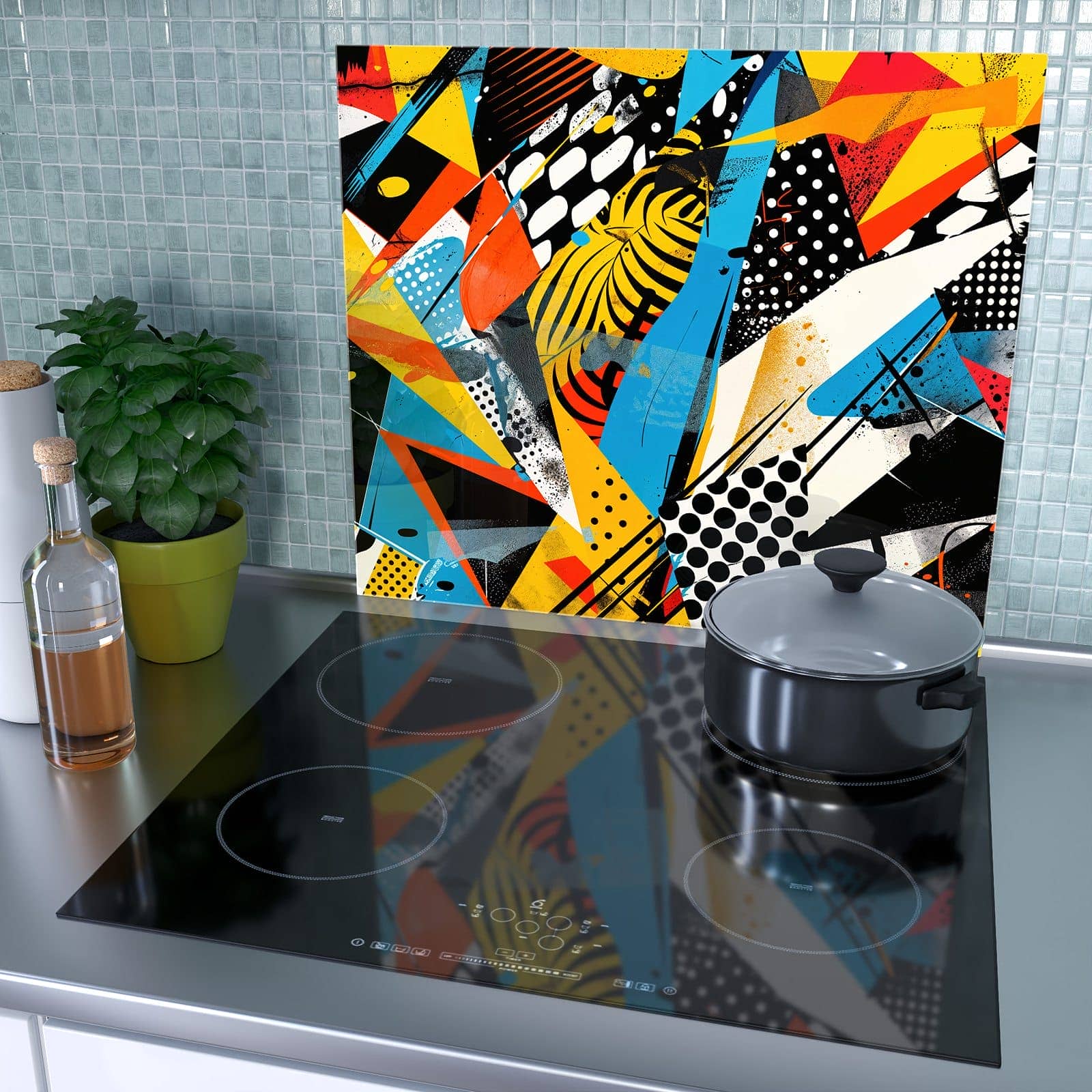 1-teilige Abdeckplatte Ceranfeld mit Abstrakte Kunstwerk-Motiv als Spritzschutz hinter dem Kochfeld