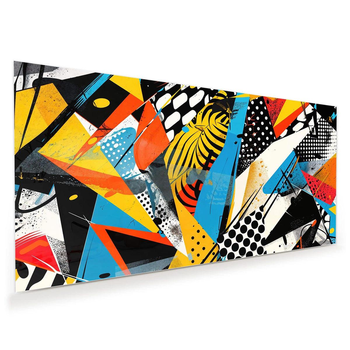 Pop-Art-Collage aus Dreiecken, Streifen und Punktrastern in Gelb, Blau, Rot und Schwarz