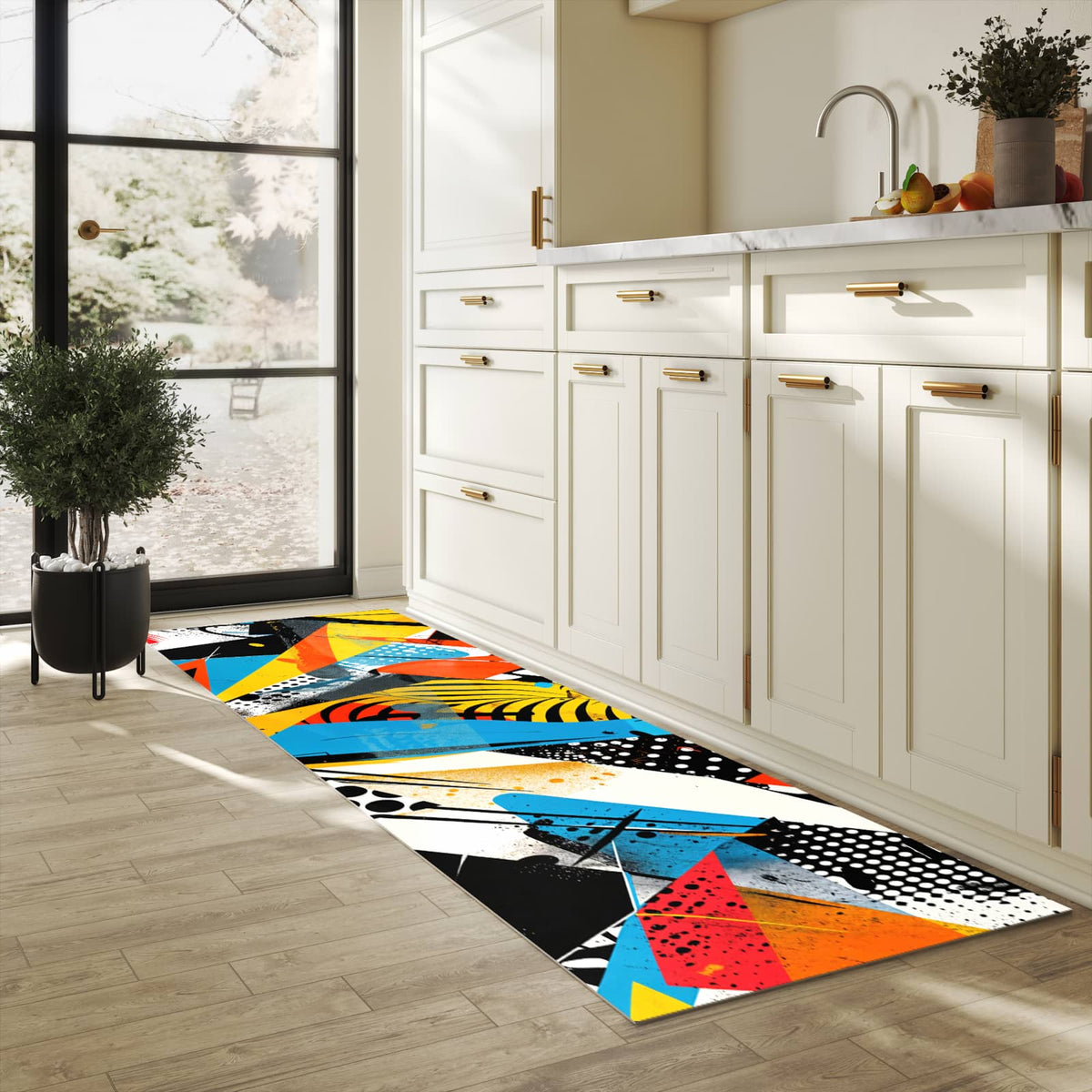 Geräuschdämpfender Küchenvorleger mit Motiv Kunst des Abstrakte in heller Küche