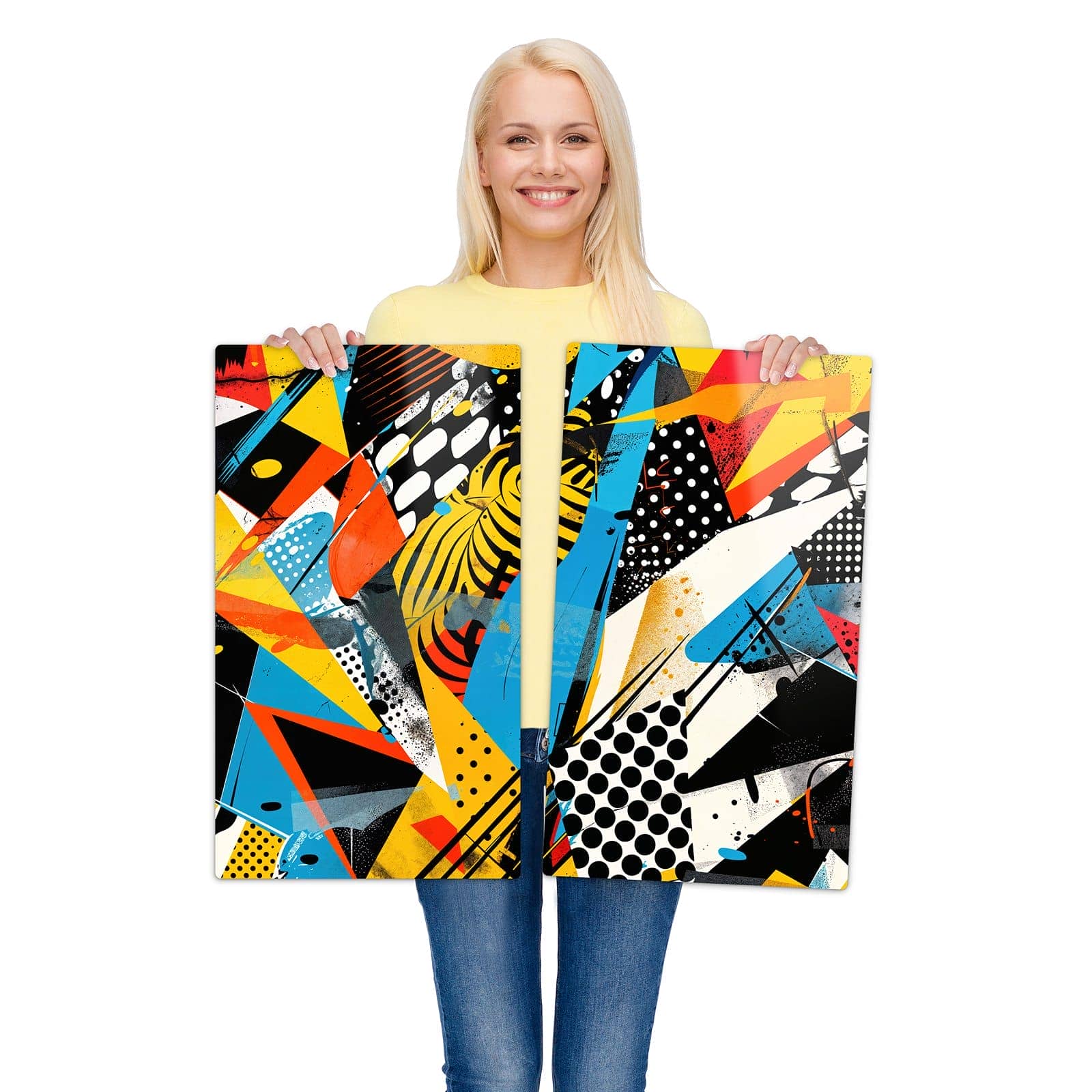 2-teilige Herdabdeckplatte mit Abstrakte Kunstwerk-Motiv wird zur Größendarstellung gehalten