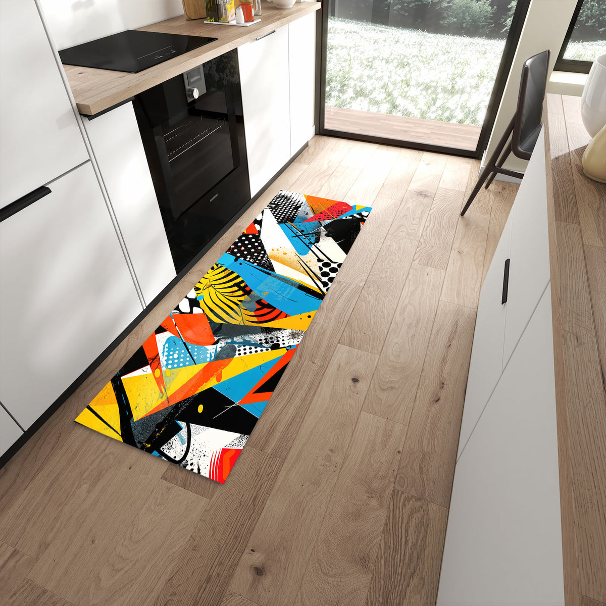 Fleckenresistenter waschbarer Teppich mit Motiv Kunst des Abstrakte in moderner Küche