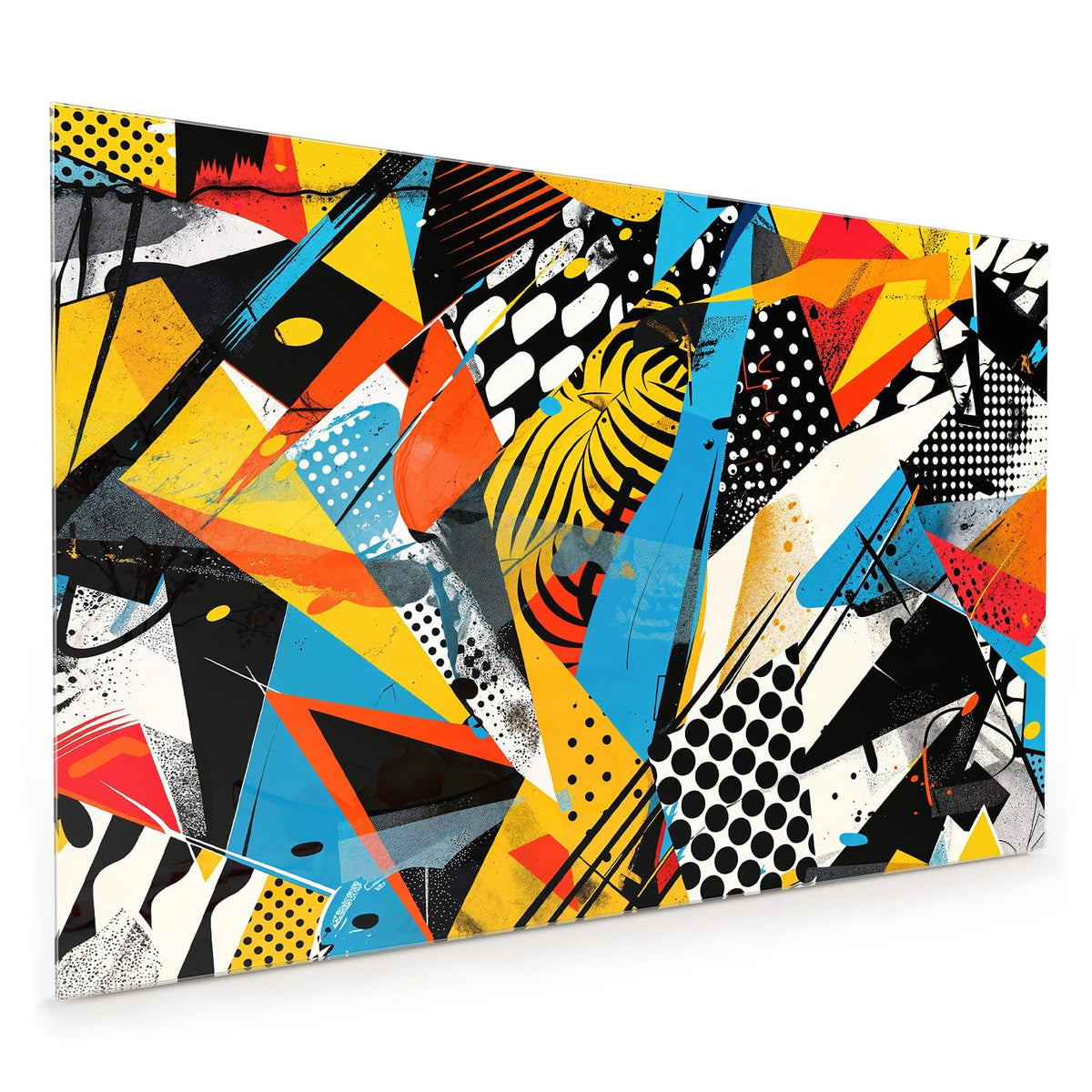 Küchenrückwand aus Glas im Hochformat: Pop-Art-Collage aus Dreiecken, Streifen und Punktrastern in Gelb, Blau, Rot und Schwarz #grösse_40 x 60 cm #grösse_50 x 75 cm #grösse_60 x 90 cm #grösse_80 x 120 cm