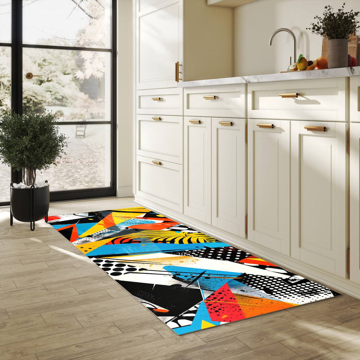 Komfortabler Küchenläufer mit Motiv Kunst des Abstrakte in heller Küche für angenehmes Stehen