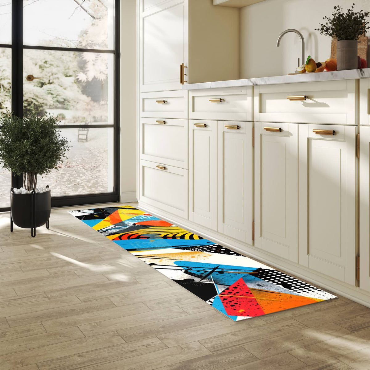 Bodenschonender Küchenteppich mit Motiv Kunst des Abstrakte in heller Küche