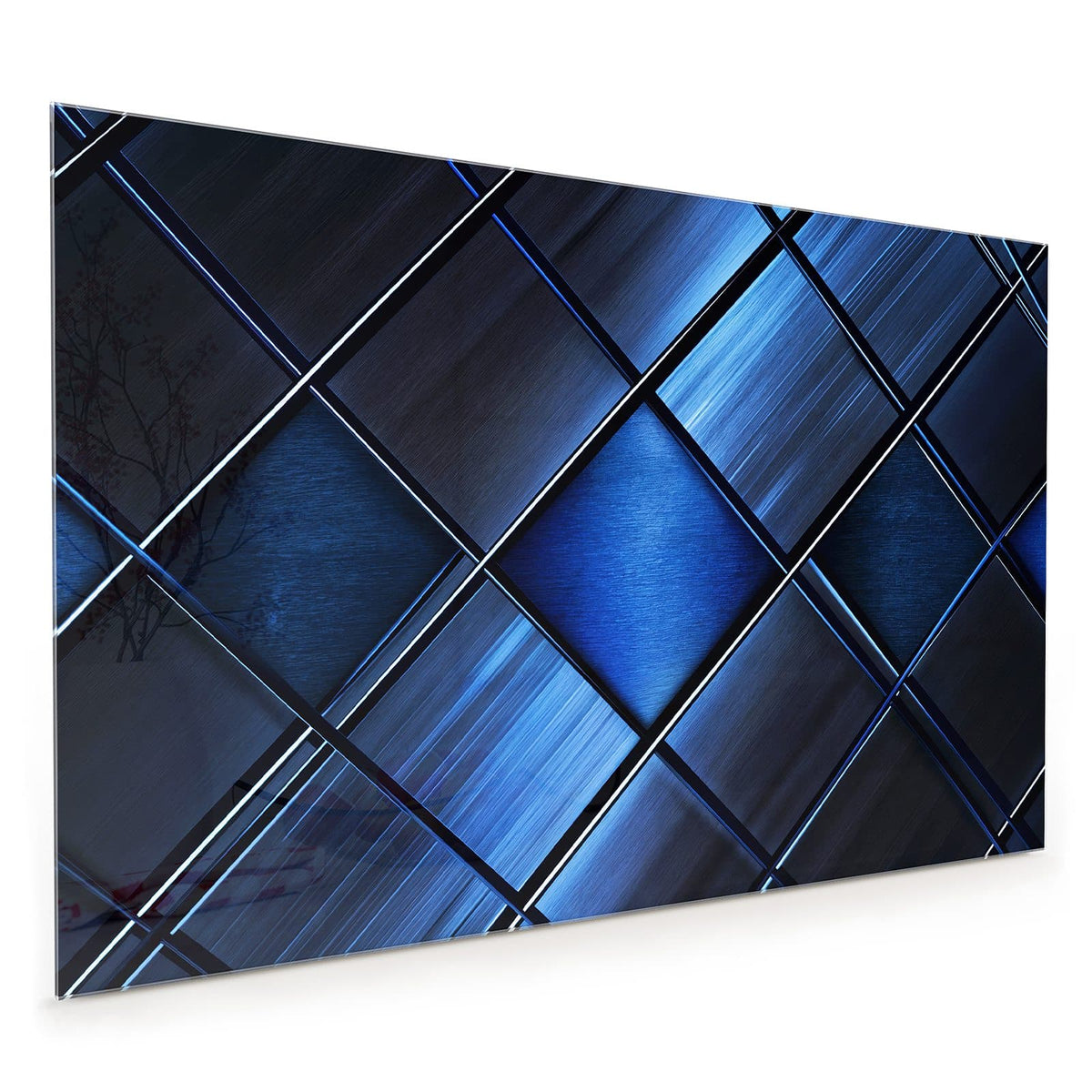 Küchenrückwand aus Glas im Hochformat: Diagonal gestellte, gebürstet-metallische Quadrate in Blau- und Schwarztönen