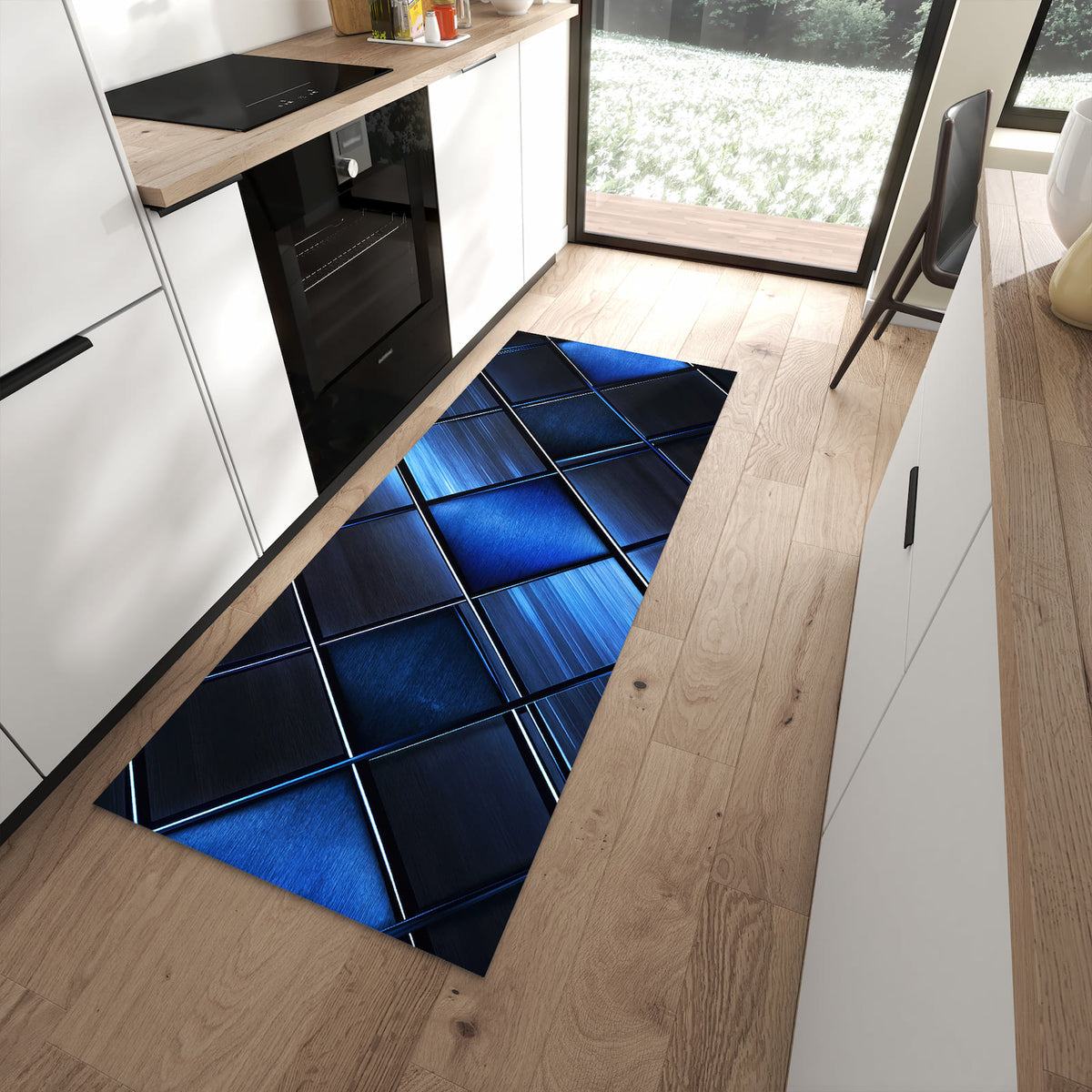 Rutschfester Küchenteppich mit Motiv Blaue Kacheln in moderner Küche