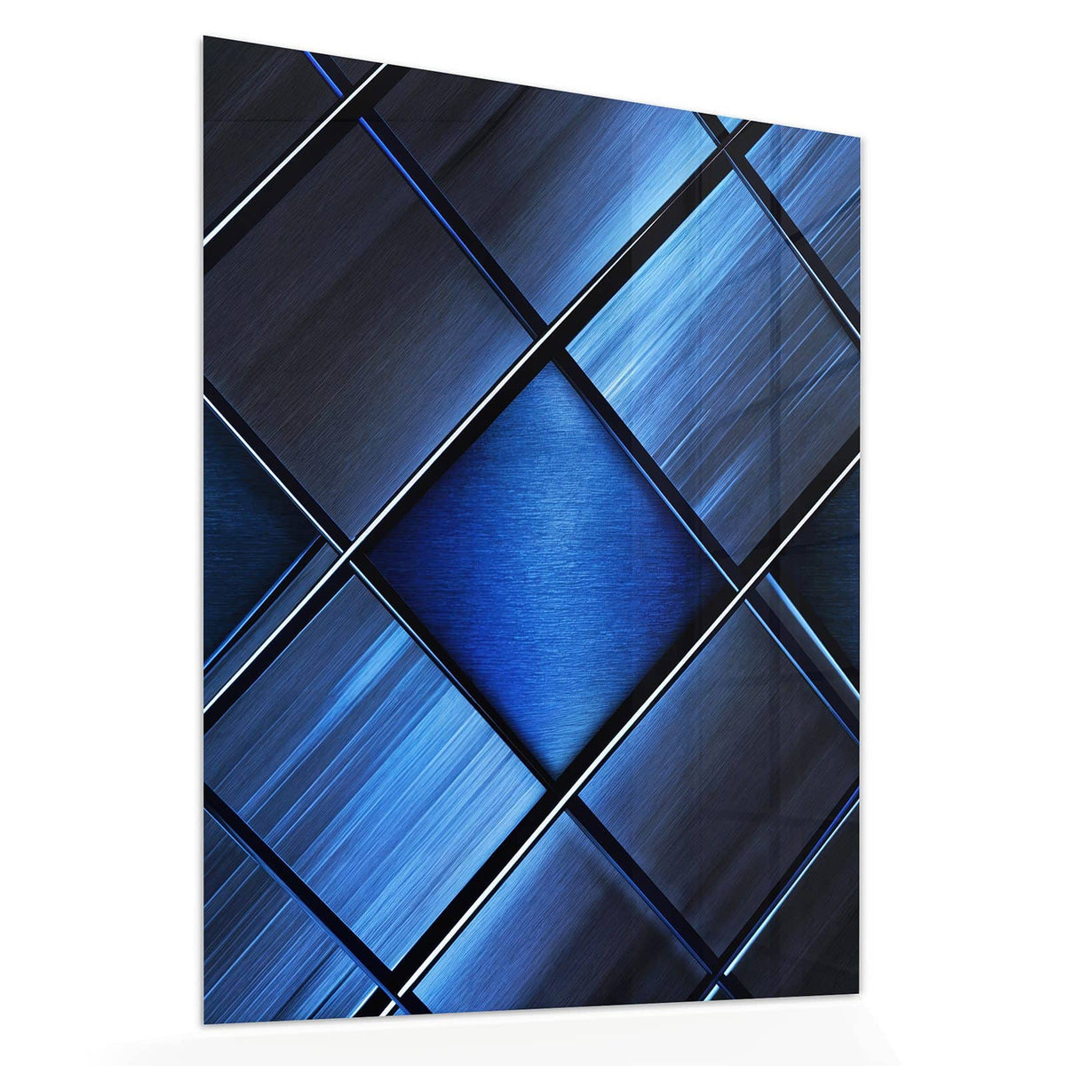 Echtglas, 4 mm – kein Acryl, keine Folie – Wandbild - Metallkacheln in Blau - Hochformat
