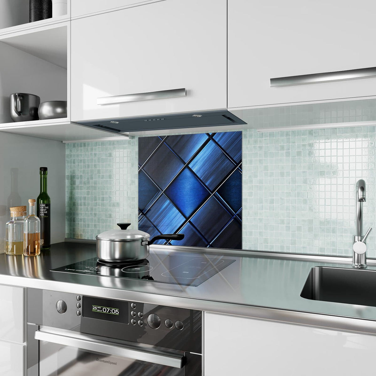 Küchenrückwand Metallkacheln in Blau aus Glas – Schräge Kacheln in Blautönen
