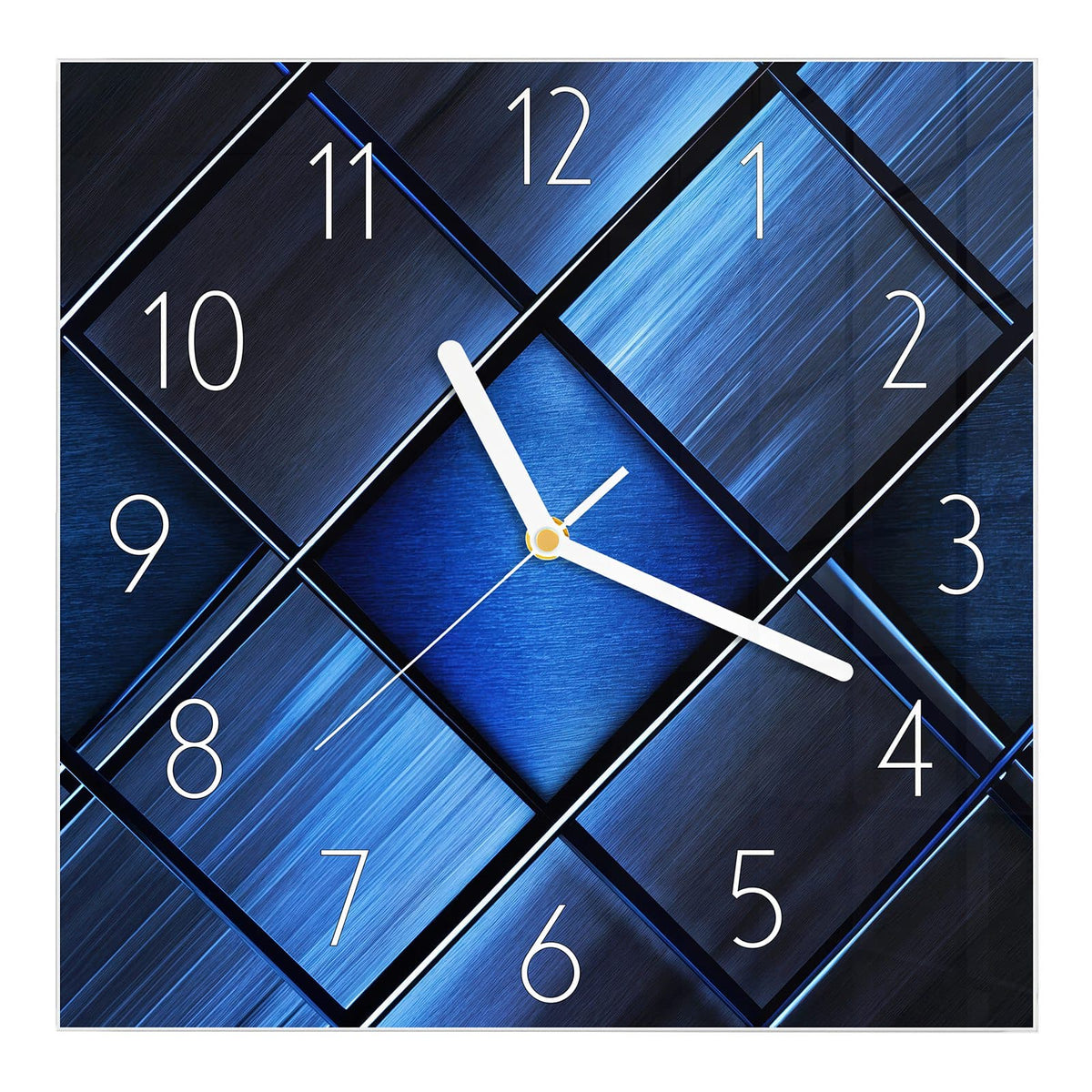 Wanduhr aus Glas, Ziffernblatt Elegant: Diagonal gestellte, gebürstet-metallische Quadrate in Blau- und Schwarztönen #ziffernblatt_Elegant