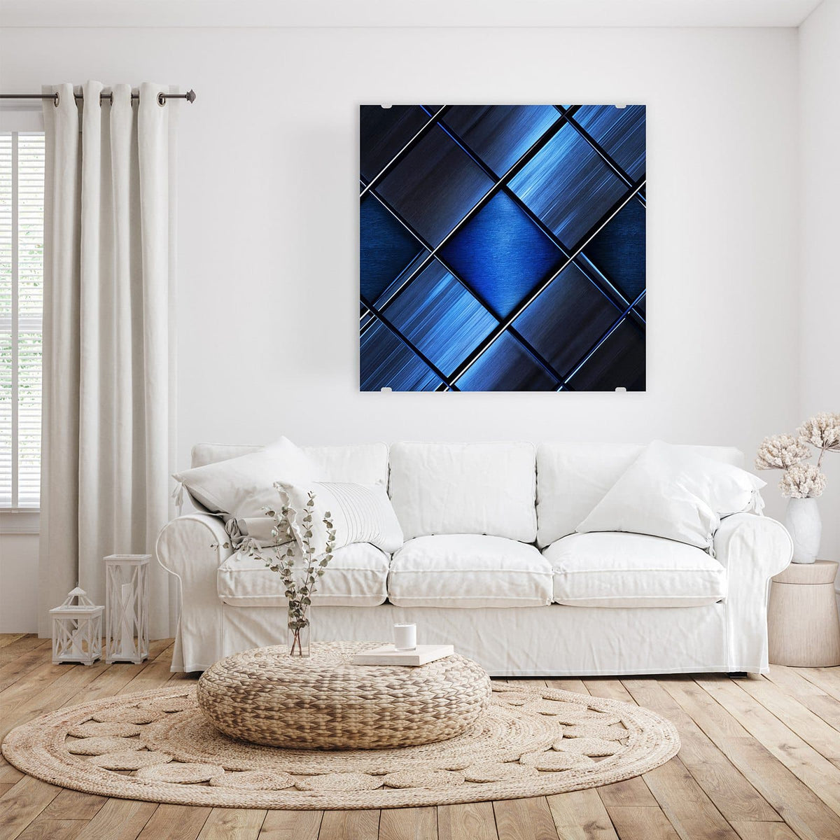 Diagonal gestellte, gebürstet-metallische Quadrate in Blau- und Schwarztönen