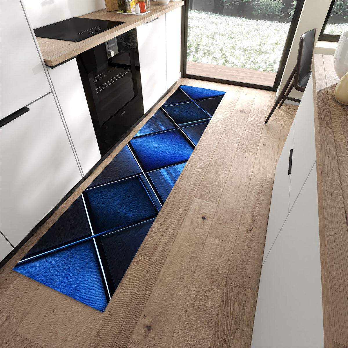 Strapazierfähiger waschbarer Küchenteppich mit Motiv Blaue Kacheln in moderner Küche