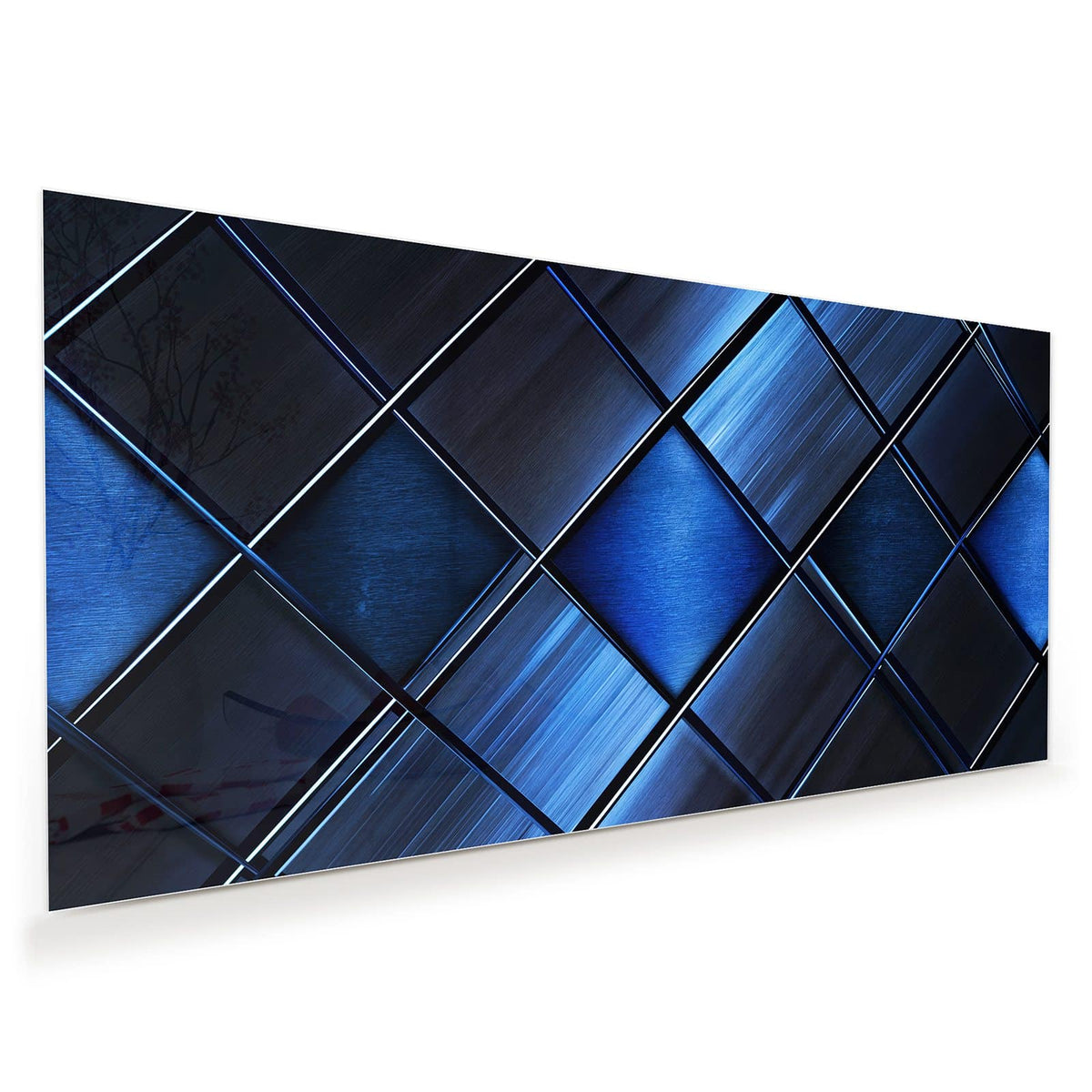 Diagonal gestellte, gebürstet-metallische Quadrate in Blau- und Schwarztönen